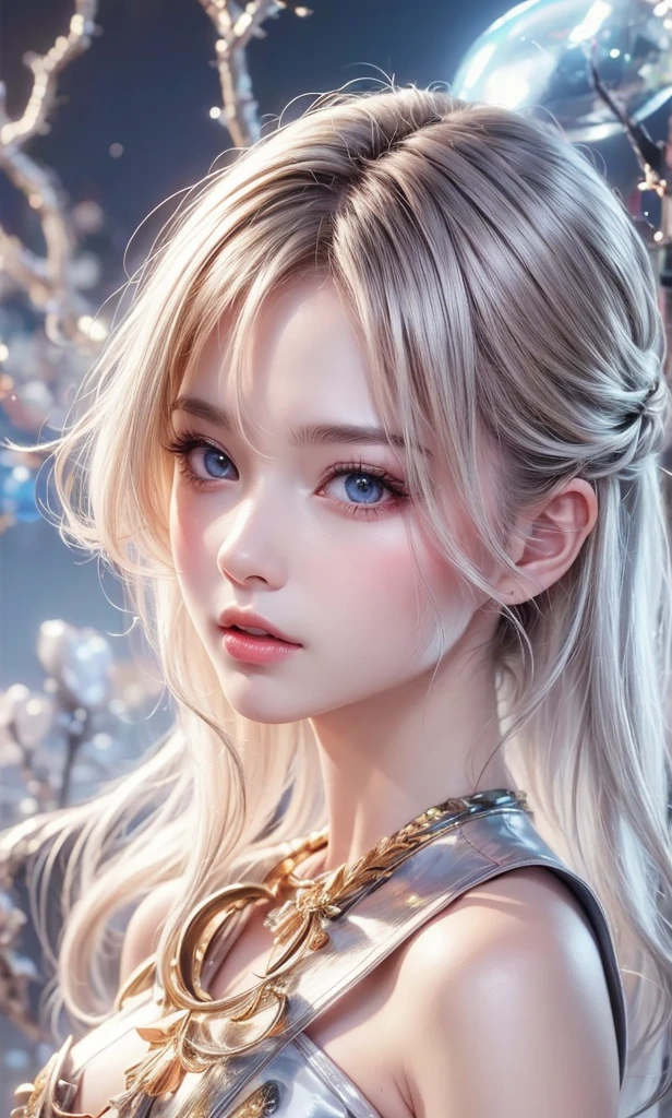 (((A girl))，delicated face，The face of Eros，Good looking Chinese woman，Cover your mouth and laugh，Abstinence，Large breasts，Close-up，Close-up of the head，Golden paradise，Irridescent color，The Arthur effect, Gradient translucent glass melt, Caustics, transparent glass texture, Irridescent color, Designed by Dietrams, Simple, Glows in high detail, white backgrounid, industrial design, studio lit, C4D, OC renderer, Clean shadows, 4K