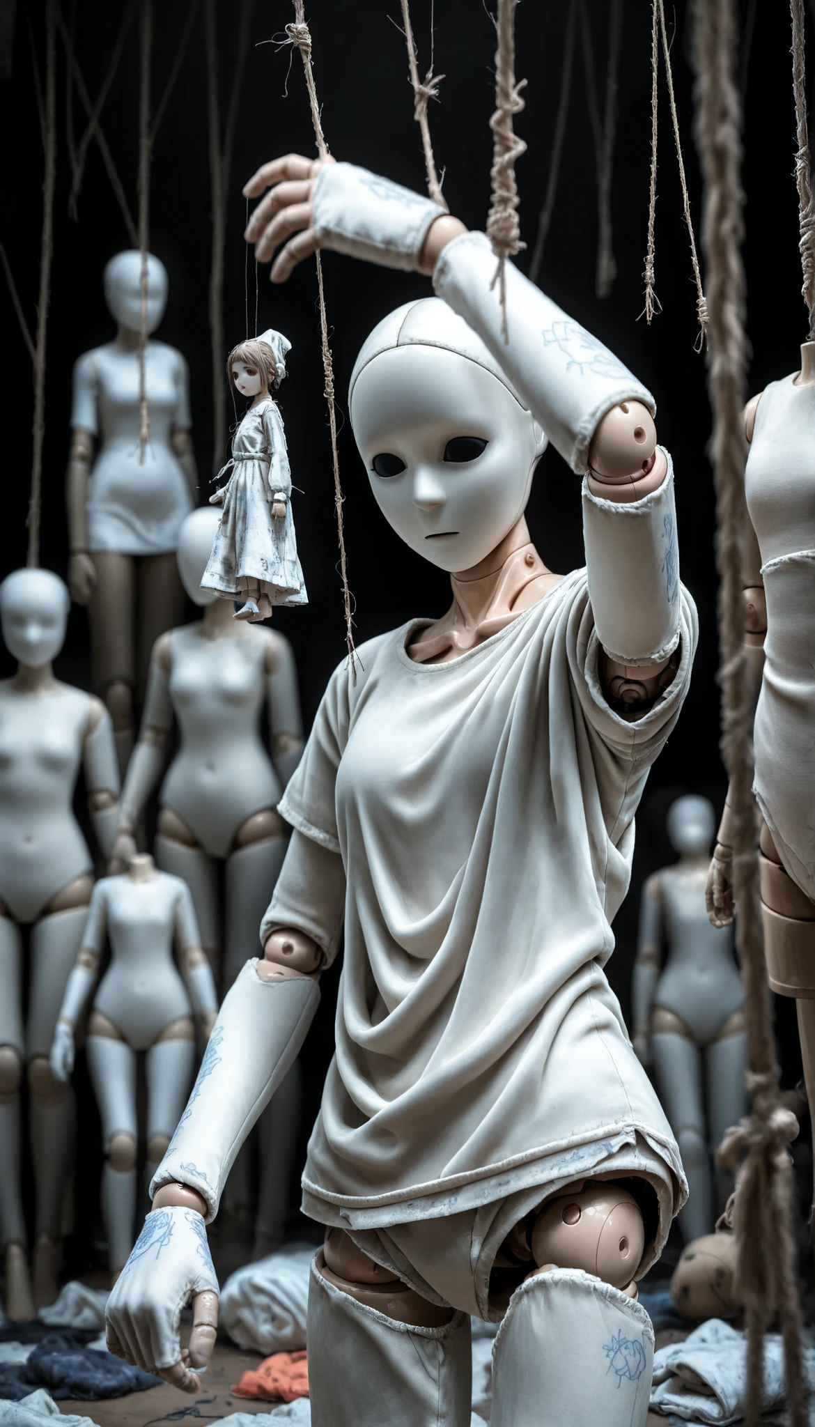 depth of field, high definition image,a lot of details, Puppet,tied threads,Hanging threads,Doll,Mannequin joints,perfect face,empty eyes,Rag Clothes,non-humans,giant hand ,empty room,puppet,raised arm,static posture,stiff body,line drawing