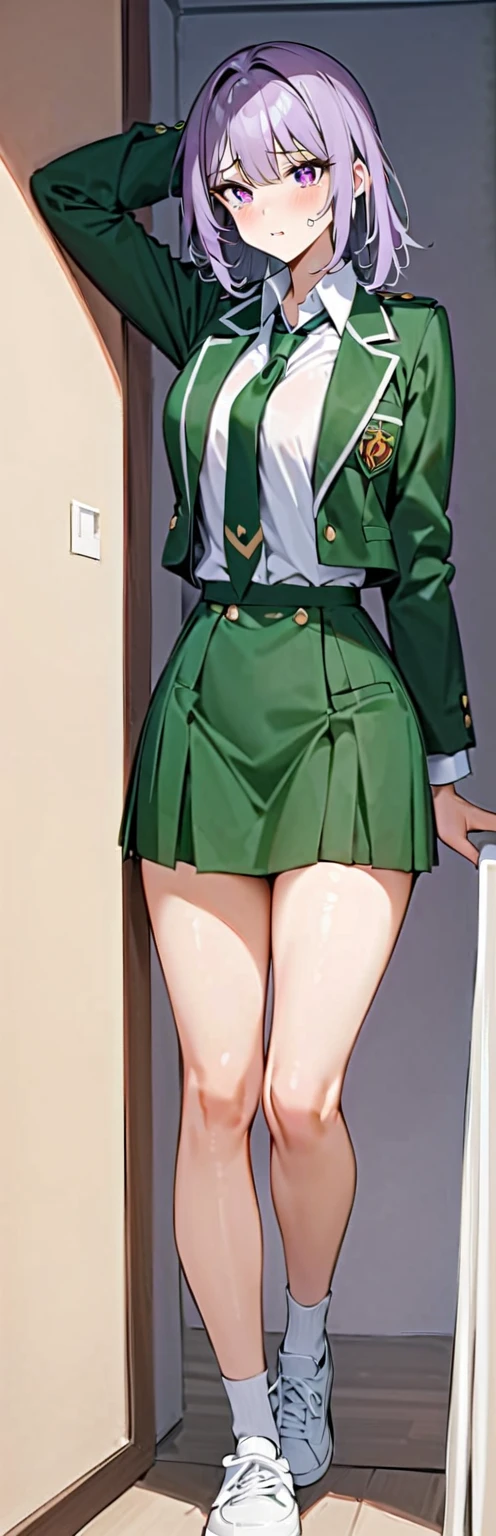 (Best quality, 8k, masterpiece: 1.3), a Pretty Girl with perfect figure:1.4, (teens), (sexy tight bikini,tiny skirt school knee-high socks), (black hair medium breasts), (blunt bangs:1.2), (high school, classroom), highly detailed face and skin, detailed eyes, double eyelids, smile