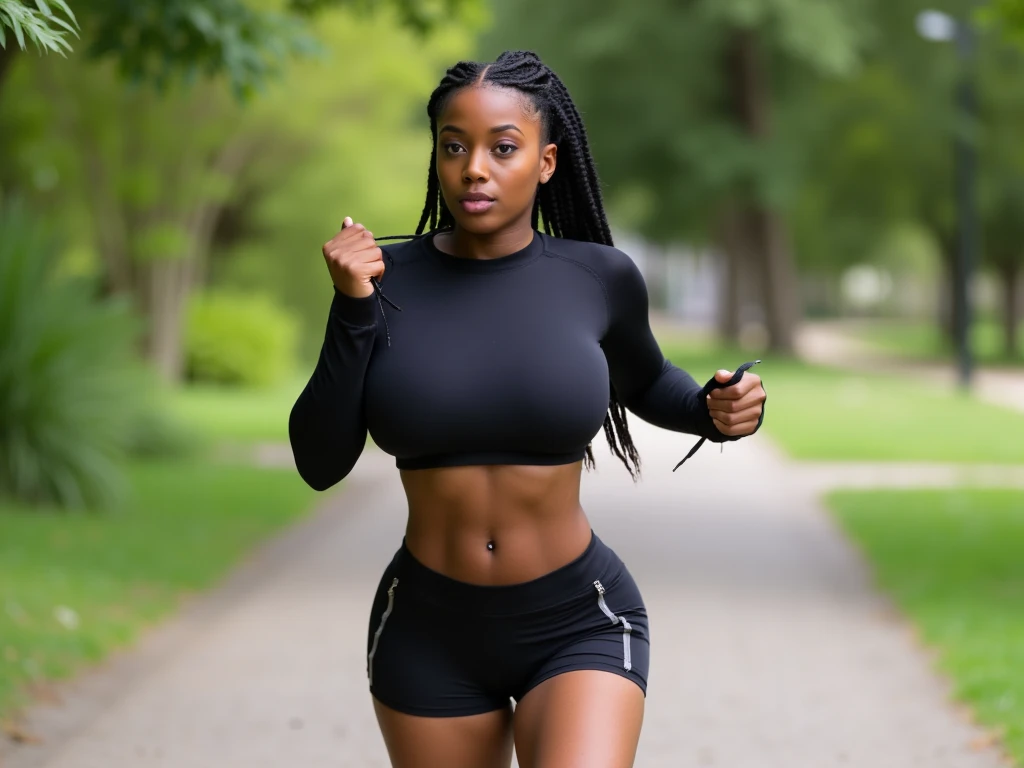A full body shot of a insanely beautiful detailed African American woman in a tank top, tight workout stretch pants,and running shoes,small smile, super detailed realistic face, hyper detailed, zoomed out, symmetrical face,highly detailed  eyes,expressive eyes, Cast Baugh,Michael Garmash,Sophie Anderson,Hasui Kawase, makeup, real photography, realistic: 1.5, facing camera standing.
