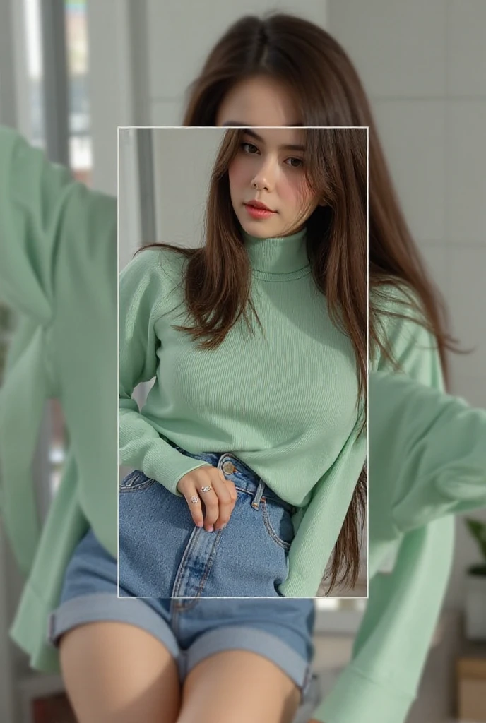 Disney+Pixar-style cartoon character: a 20-year-old Chinese model, brown hair, in casual modern clothing, contrast and isolated to screen, emphasizing a power bank, vivid green screen. Focus on model's eye contact and power bank, intricate detailed. Enhance with white key light & blue fill light, ((remove #00ff00, shade, lighting, shadow, reflection, hi-light, chroma on model)). 8k, 3D render, 900 ppi, Ray Tracing, Octane Render, vivid mood&tone, color correction.