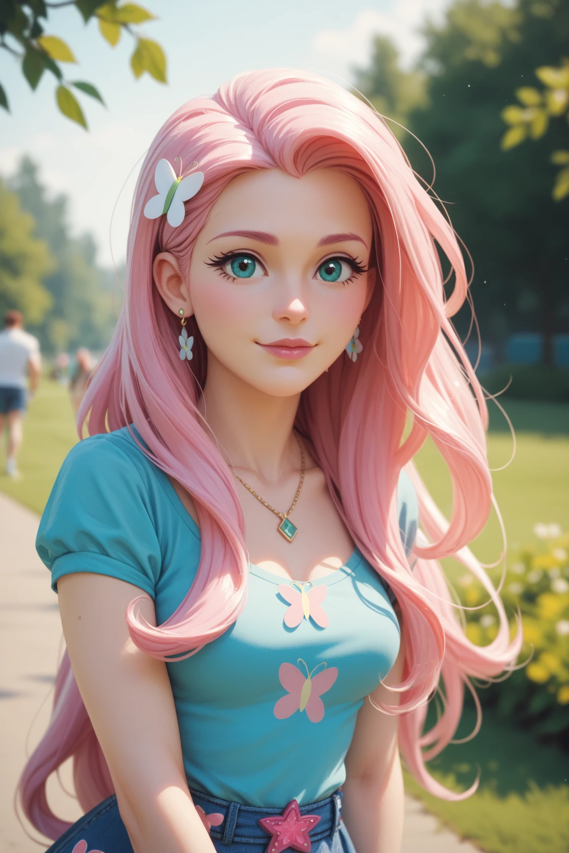 Fluttershy, equestria Girls Fluttershy,My little pony fluttershy,curvy, sexy mini dress, hiperrealista,chica rusa, cabello largo, cabello rosado, cuerpo caliente,old fluttershy,Nature,