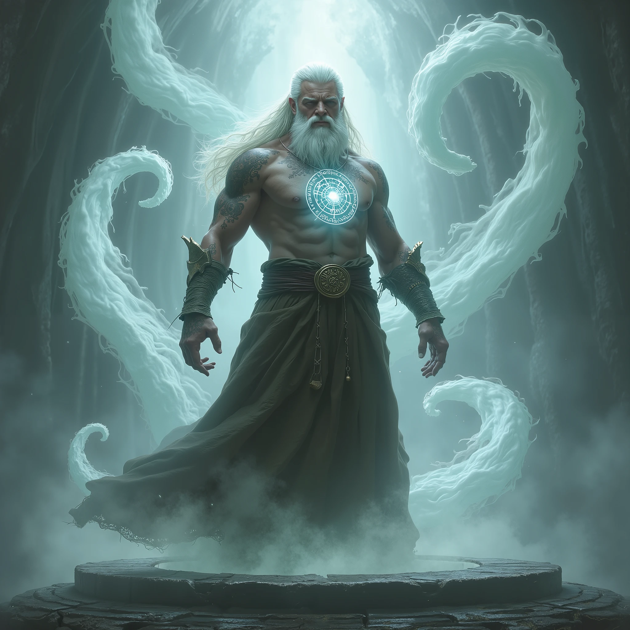 ultra realisitic, super powerful wizard, brawny, powerful and intimidating posture, long grayish white hair, white tunic with black details partially flared open in the middle with muscles on display, black rays emanating from the body and eyes intensely, long staff of power with green flame.