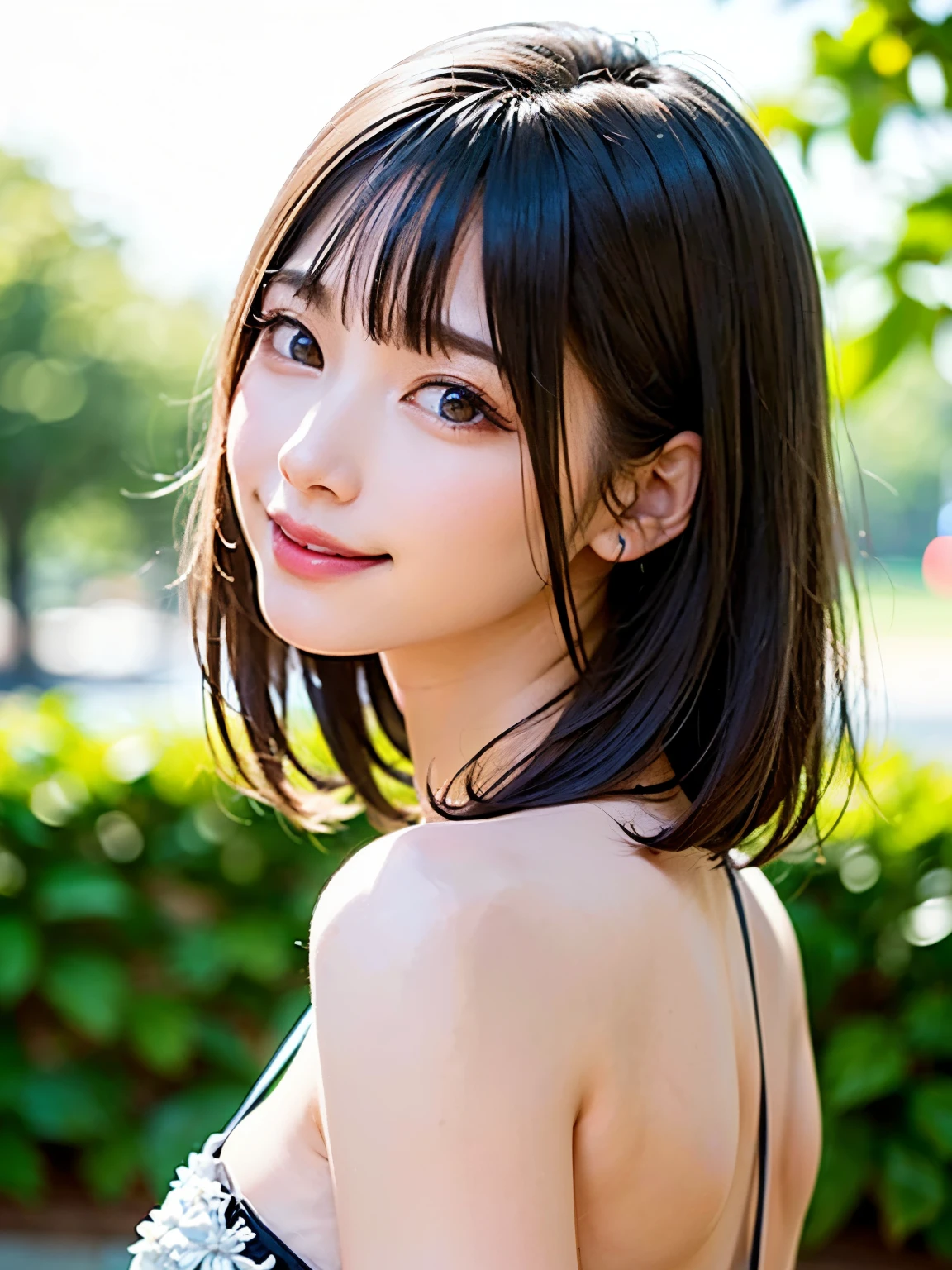 master piece , best quality , woman , bowler hat , bangs , smile , outdoor, 赤い髪:1.3、extra short hair, sidelocks-hair、all nude:1.5、pussy:1.3、足を開く:1.5、座る、大きな胸:1.5、ラブジュース