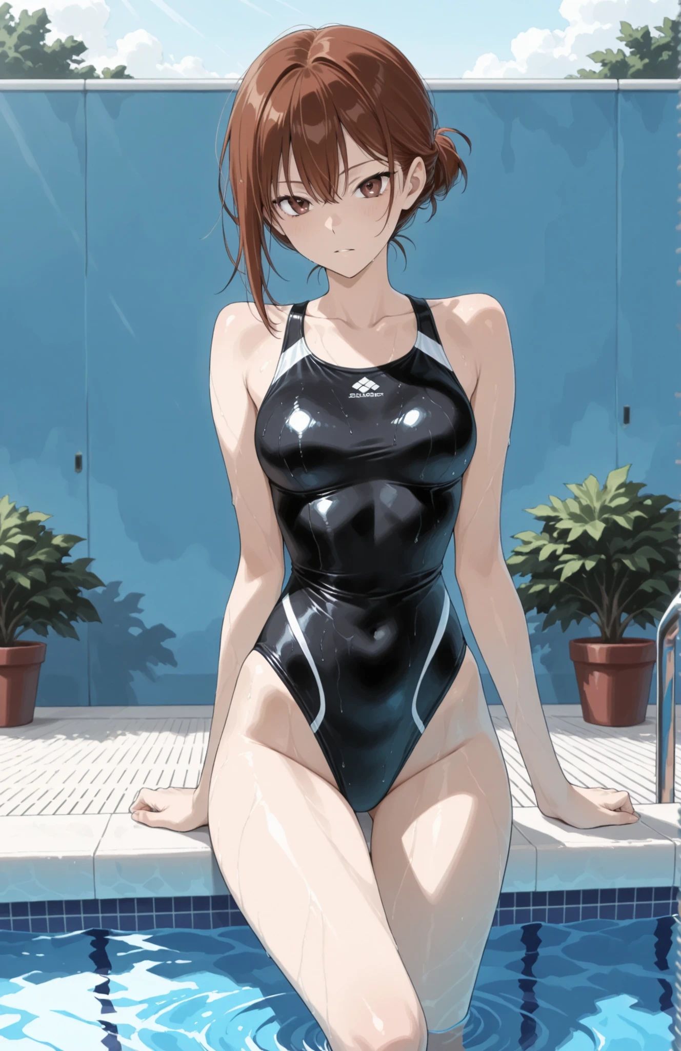 (Highest quality, masterpiece:)(anime)Ultra-high resolution、Woman in swimsuit standing,School swimming pool、(School Swimsuit) Wet swimsuit, Japanese Model, A young and cute gravure idol, tight, , Wearing a random leotard, sakimichan hdri, For whom????????????、High Leg、Short pigtails、bangs、beauty、cute、Victory smile、Natural Body、Full body image、To the camera、Pink Hair
