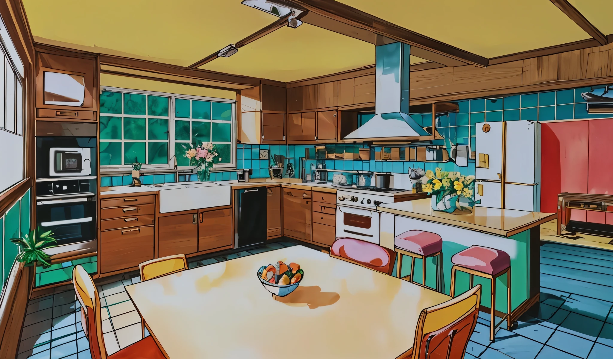 Drawn in 80’s anime art style.
Retro anime. Vintage Anime. Classical Anime.
Location: Kusagi Sister’s Apartment
(Dining Area & Kitchen)
Interior Breakdown
• Kitchenette with tiled backsplash, chrome appliances, and hanging pans. Coffee pot always on.
• Dining Table: Small, wooden, round, often cluttered with blueprints, receipts, or tea sets. A small vase with fresh flowers adds a feminine touch.
• Mood: This is where the sisters plan heists over meals. The balance between domestic and criminal is almost seamless.