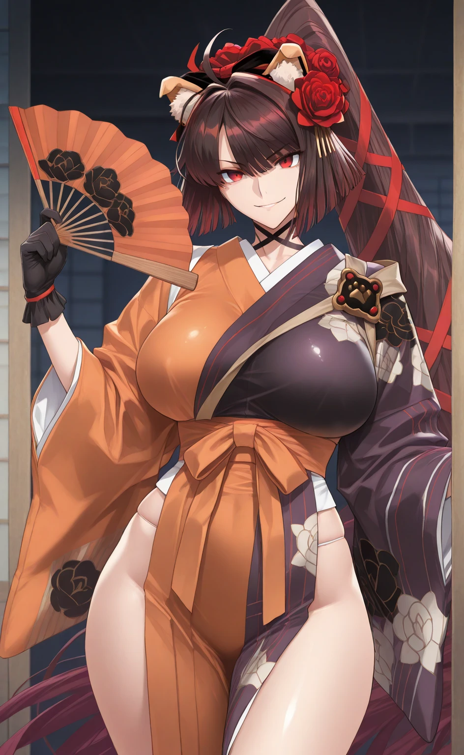 (HD, sharp, fractals), 1人の女性,cel shaded animation, Super glossy skin, Canine ears, Dog tail, jpn, Japanese style costume, samurais, swordsmen