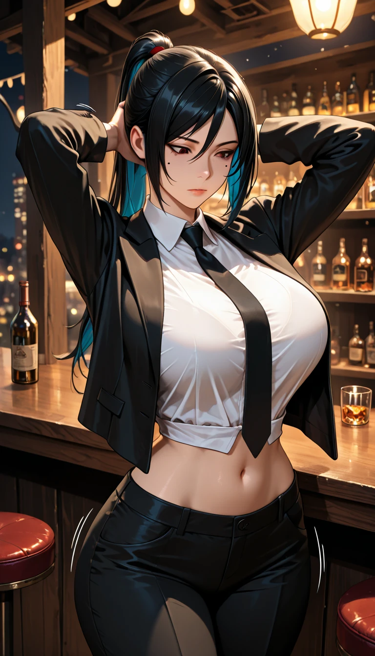 sitting at the bar in a nightclub、Portrait of Elexi Sinclair wearing an S jacket, Wicked Smile, (masterpiece) (Highest quality) (detailed) (8K) (High resolution) (wallpaper) (Cinema Lighting) (Sharp focus) (Complex)
