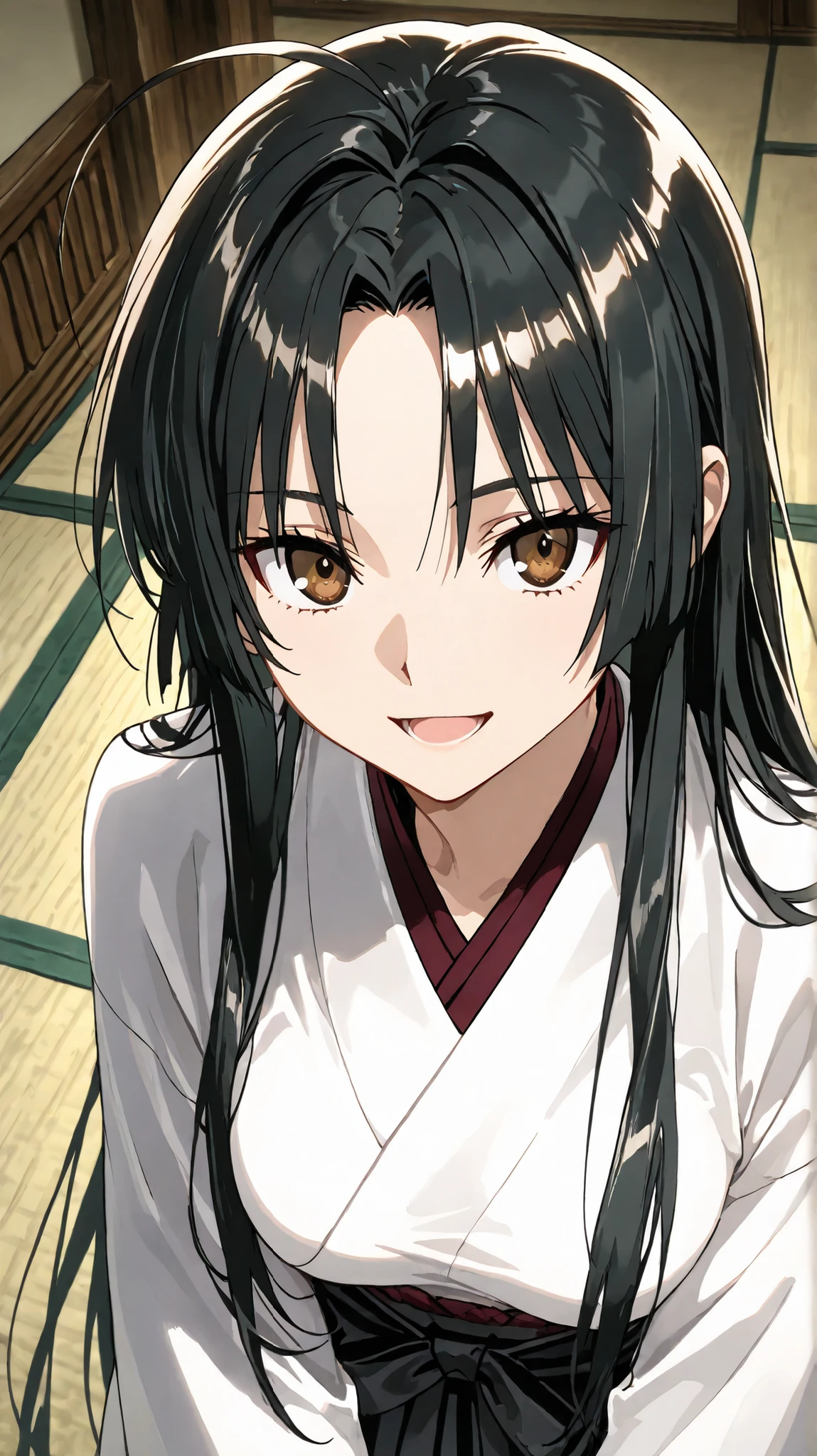 cal shekar,taboo tattoo
High quality , best quality , masterpiece, High Resolution , detailed face( LoRA: cal),anatomically correct, detailed hair(LoRA: cal) ,detailed bangs(LoRA: cal), anime Coloring
solo, 1 girl, Cool woman, adult woman, tall woman
Black hair, long hair, forehead, ahoge, brown eyes, medium breasts, hair down ,straight hair, Symmetrical bangs, breasts
white kimono, wide sleeves, black hakama,
Japanese-style room, on the tatami
close up , looking at viewer ,upper body,from above
open mouth,,smile