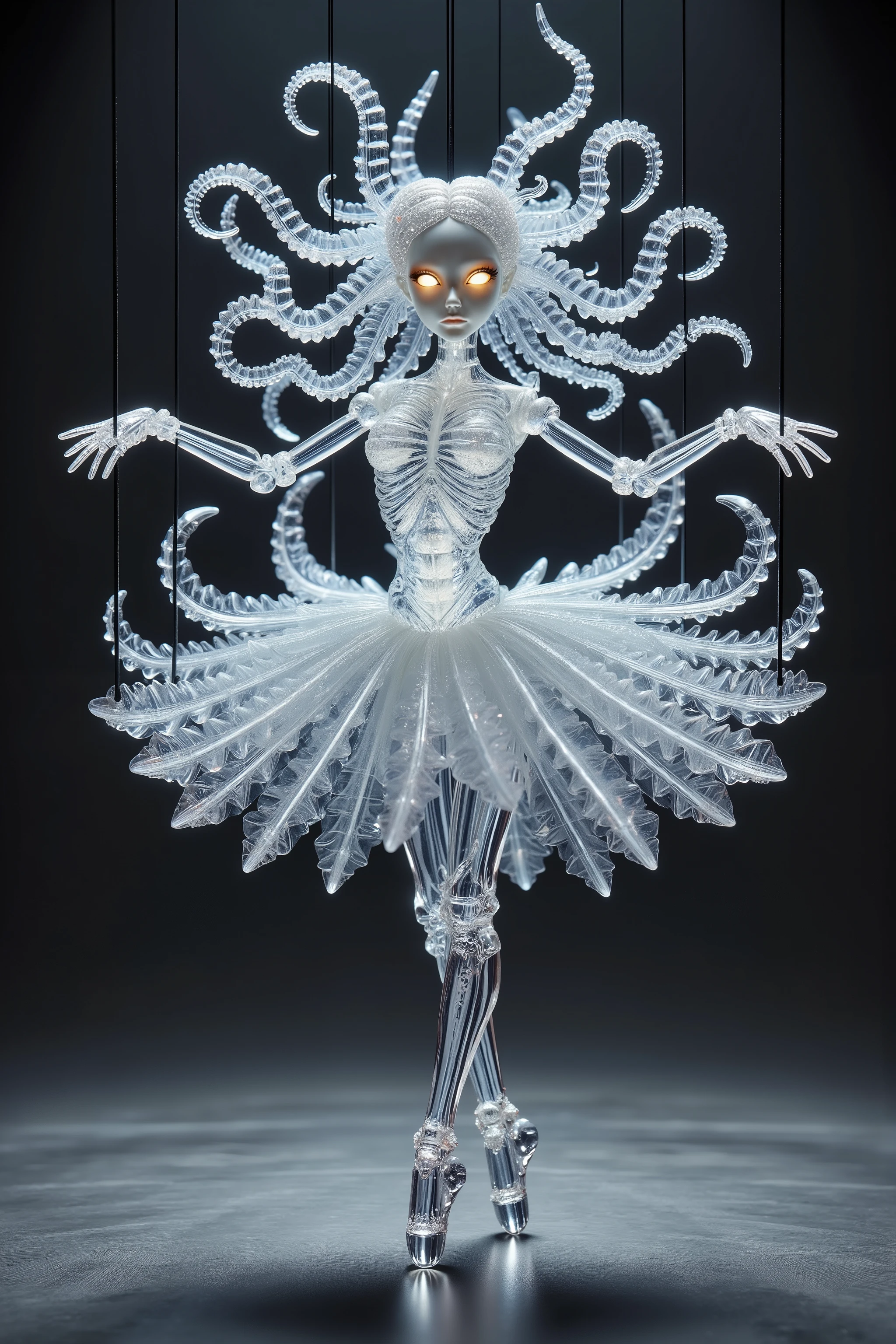 Full body photo, a ball-jointed doll female made of clear crystal, her body is fully transparent, glass hair like tentacles, transluminescent glowing skeleton body, glowing eyes, ballerina dance, she is held up like a marionette with black strings, glass made theater stage background