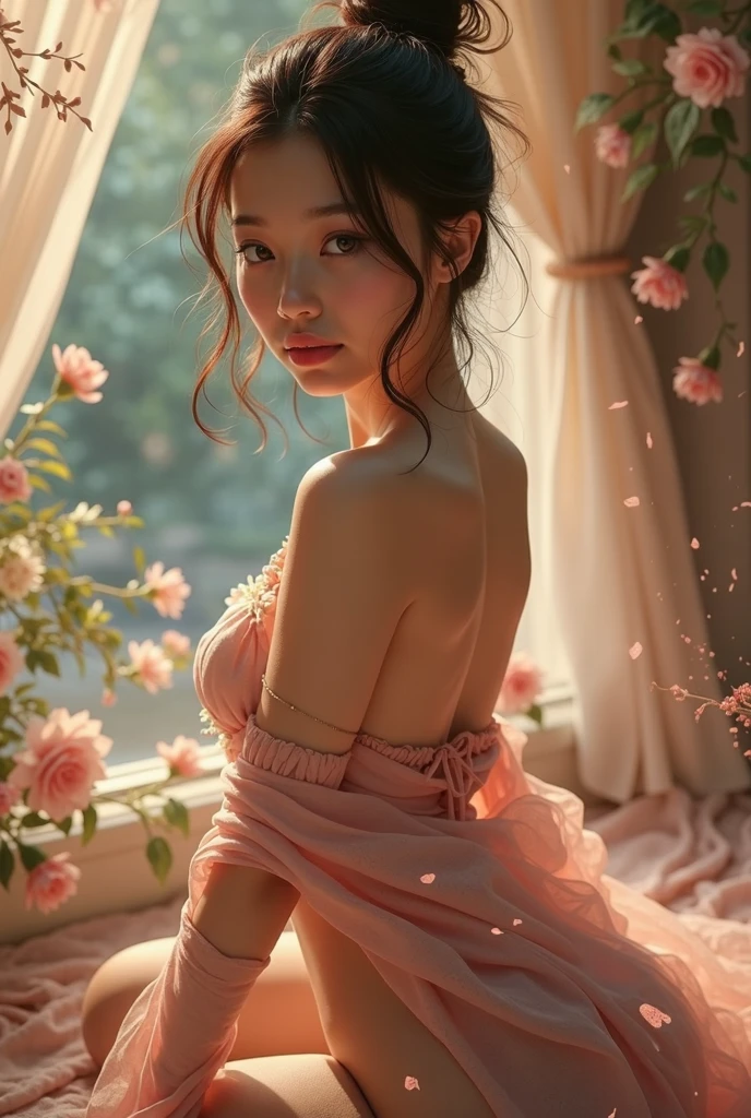 I want an image of a rose with colorful and very shiny petals in a very beautiful setting where only the rose stands out and a summer rain falling