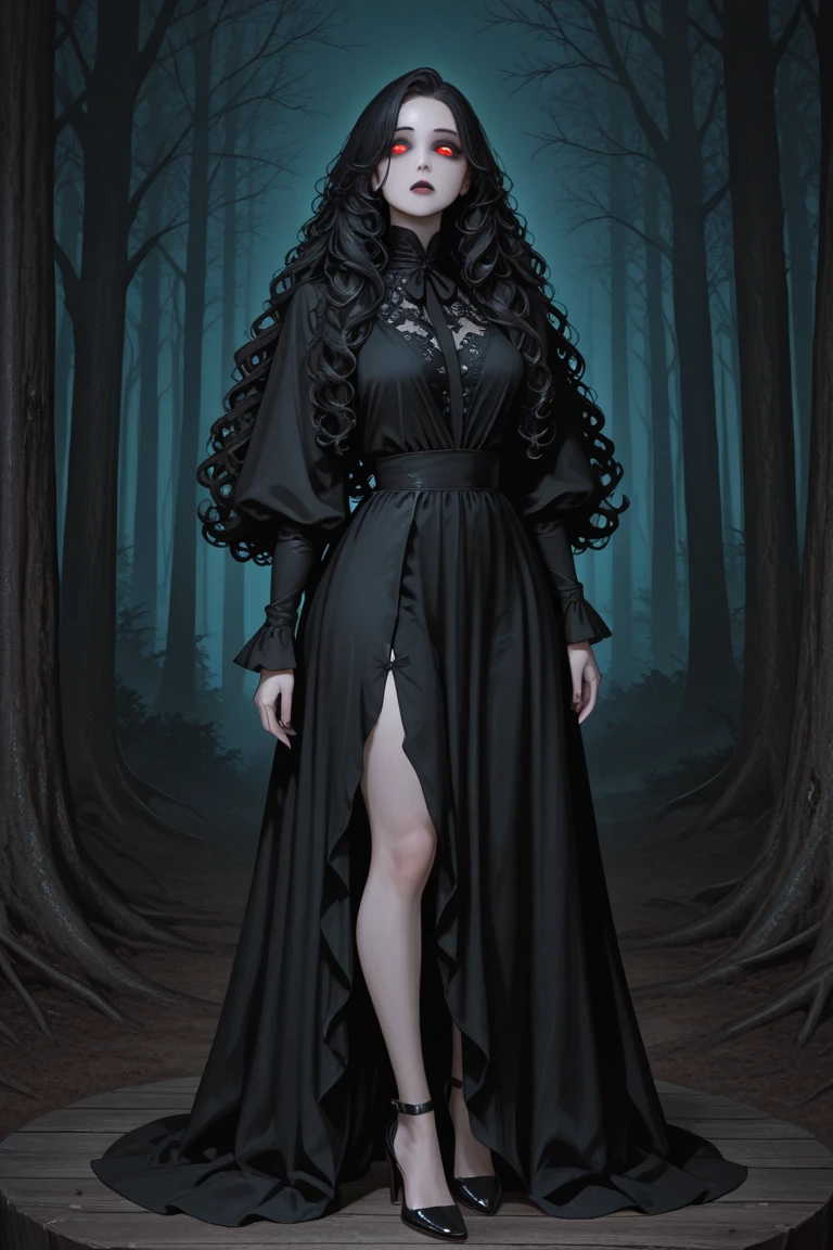 Woman with long brown curly hair, Curly bangs, Don&#39;t don&#39;t forget the round glasses. pale white, has small, slanted eyes with very bright eyeliner and a wine-red mouth.gothic outfit, Long robe, high heels. ancient art. She has a sad expression on her face.. Big and strong face. More curl and volume hair. Full body. In black and white, anime, drawing, Gloomy darkness, 
necklace, rings 