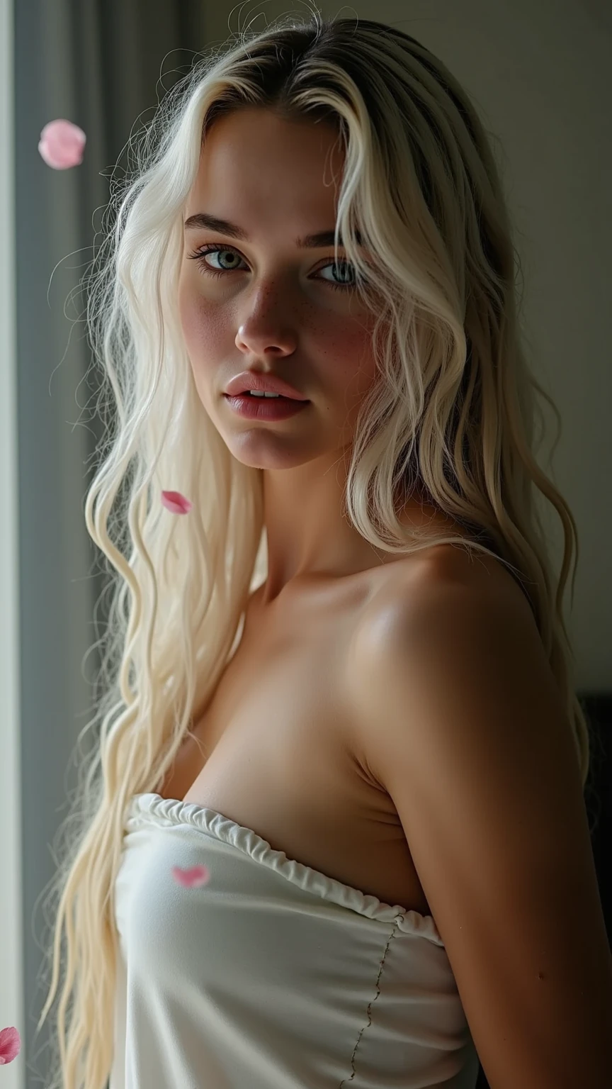 ((best quality)), ((masterpiece)), (detailed), (perfect face), russian face, beautiful, red eyes, (long silver hair), 14 years old, naked, (lean to wall, look back to viewer), spread legs, pink wet pussy, cup d breast, pink nipples, in handcuff, gorgeous smile, correct fingers