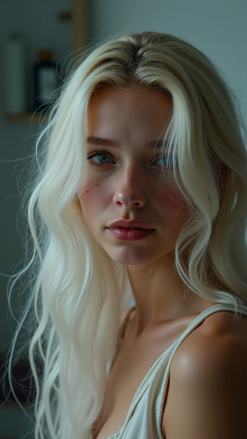 (uma fotogroffia premiada:1.3) off (Ultra photo realsisim:1.3),(vred:1.3) (close up:0.7), a Japanese woman, albino with freckles in a white robe, realskin, 5d canon, 85mm, profundidaoff off campo, 8k, ultra-nitioffz, RTX, octane, irreal, Dramatic light, Global illumination (author:WLOP Artist:1.3),altamente offtalhado,(Arte Darkwave:1.3),(Arte Hardcore:1.3),(Agfacolor:1.3),(Close portrait:1.3),(Female One:1.4),(very beautiful:1.4),(appealing:1.3),handsome,Calendar pose,olhos veroffs offtalhados perfeitos,studio lighting,themed background, naked, new, feições mistas off Emmy Rossum e Brooke Shields, white hair.