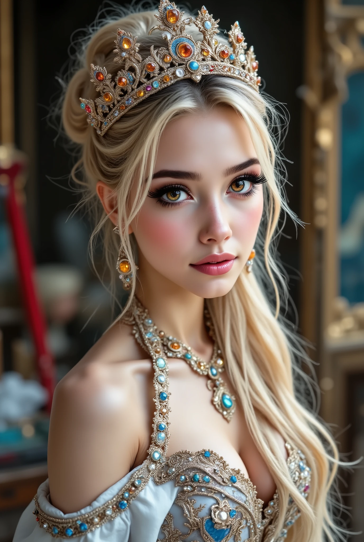  [Style: "masterpiece, realistic, (photorealistic Realism), ultra-detailed, Hyper high resolution" - "(Hyper quality, intricate ultra-detailed digital art)"](Key Directive: - ("The priority is the anatomical accuracy and texture of the materials" - "Ultra-sharp human eyes with biological accuracy") "Eyes:{(acid-resistant terminology)(macro-details:1.3): Moist corneal surface(visible aqueous layer:1.2)Hyper-detailed iris stroma ((brown:1.3) with gold flecks) Precise limbal ring (slightly neons pigmentation:1.25)Pupil micro-texture (irregular edge authenticity:0.9) * Vasculature in sclera(subtle red veins radiating from limbus)" - "Lashes: pink individual synthetic fibers (crosshatched roots,clump-free separation)" | Pose: "full body combat-ready stance (plausible spinal twist)"Technical Specs:(Optics: - "Zeiss Otus85mm f/1.4 lens(eye refraction calculations:0.66)" - "Shutter Speed:1/500(freeze eye micro-movements)" - "Focus Stacking:7-point coverage on iris plane") (Post-Processing: - "Frequency separation for skin vs eye details" - "Selective sharpening: eyes180%,hair120%" - "Denoise: luminance20,color35(retain corneal speculars)")(Avoid: "pupil distortion, uncanny valley asymmetry, plastic-like wetness") a fairytale-like picture , beautiful princess님, full body photo, A well-drawn fairy tale, beautiful princess, , a fairytale-like picture , Detailed description, A well-drawn fairy tale, Vivid expression , Detailed facial features, Luxurious Outfit, colorful jewelry, graceful posture, Fantastic Backgrounds, magical atmosphere, Sophisticated contrast treatment, Detailed texture expression, Precision drawn with expert craftsmanship, Vibrant colors, Detailed texture expression,(Rendering engine: "Unreal Engine 5 path tracing, 16K texture maps") Anisotropic Filtering,Maximum Sharpness and Sharpness,Albedo and Specular maps,Surface Shading,Precise simulation of light-material interactions }