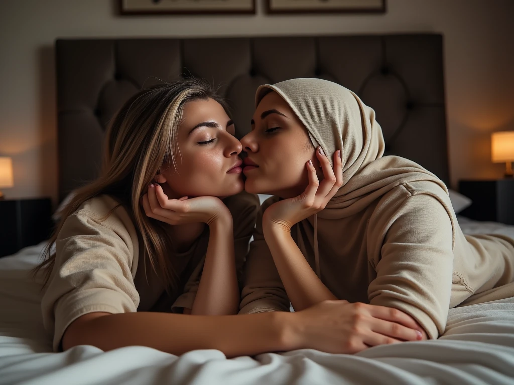 beautiful hijab indonesian lesbian girl laying down,bra and panties,hugging,french kiss,breast grope,view from far,,raining,x