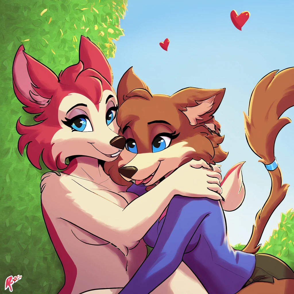 (Masterpiece) (High Detail) (High Res) Two girls are kissing in the park. One of the girls is an Anthro Fox with orange fur all over her body and a big long fluffy orange fox tail. The other girl is A short little slim humanoid girl with pale human skin and blue eyes and long blue hair and blue dog ears and a fluffy blue dog tail and average breasts. Furry and Human kissing. Anthro and Human kissing.