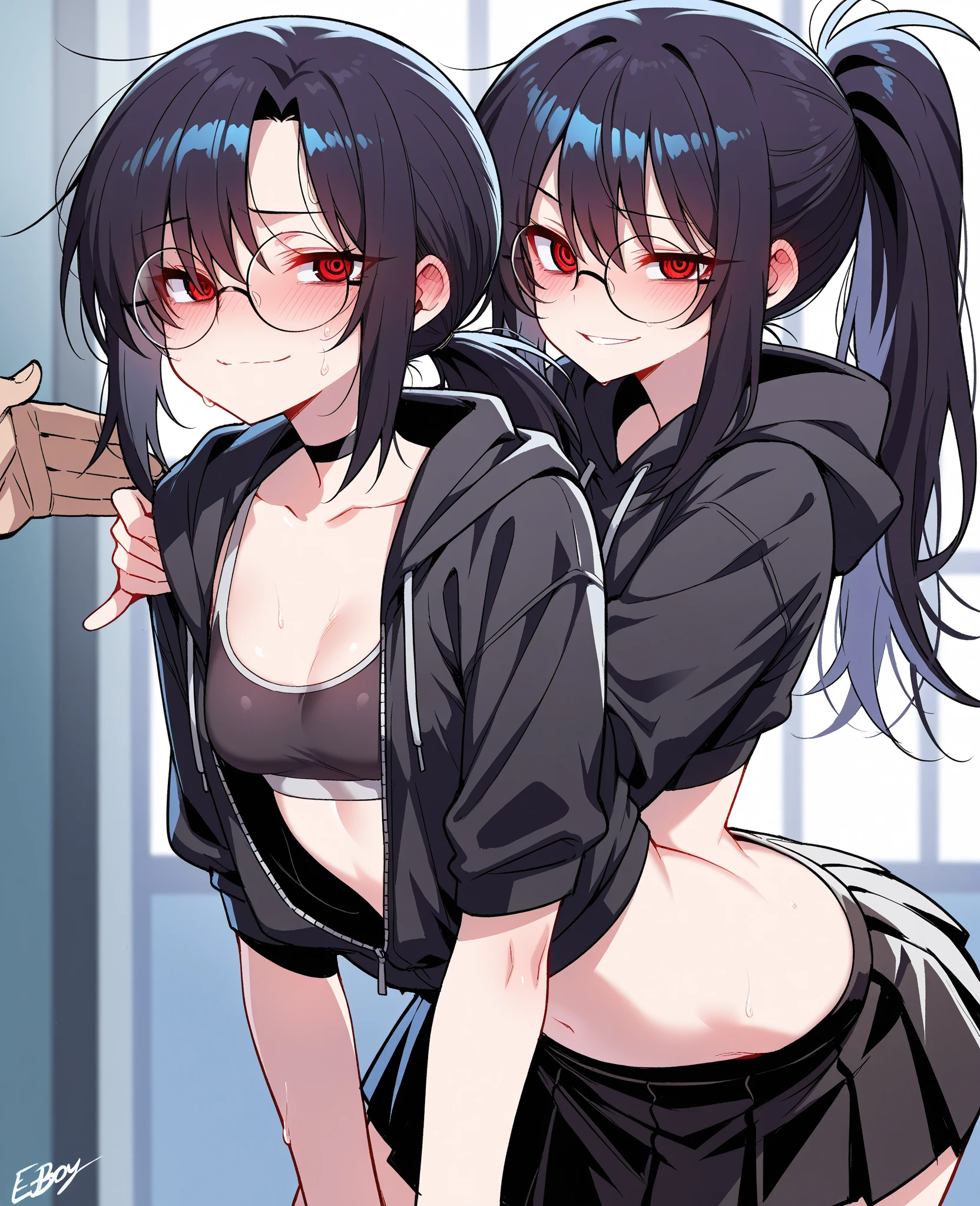 short black bob, medium chest, Long hair, black hair, disheveled, Red eyes, young woman, fitted black sweater, bare bottom, black glasses, Add details, masterpiece, in bed, embarrassed, ashamed, blushing cheek, mouth wide open, excited, shiny skin, shiny body, 1 girl, ((cowgirl sex, foreground, torogao, orgasm feeling))