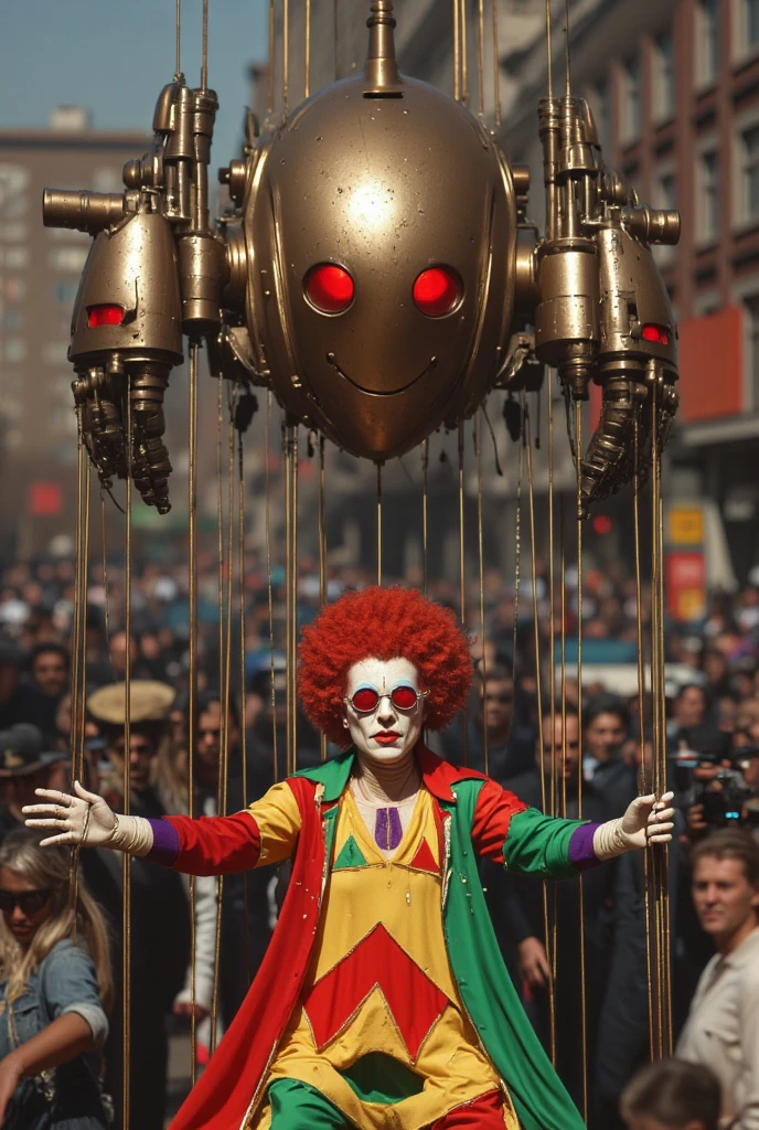 postapocalyptic photography, extreme high angle, a robotic clown in a ruined cityscape, mechanical melancholy, emotionless face, rusted parts, devastated city, broken lighting, overcast dawn, desolation, rust and steel, scattered focus, debris effects, apocalyptic theme, far future, shot on Nikon Z7 II, telephoto lens, 200mm, H.G. Wells style, futurism dystopian, mechanical despair, jagged metal, cracked concrete, isolation, despondency, city of clowns, fragmented vision
