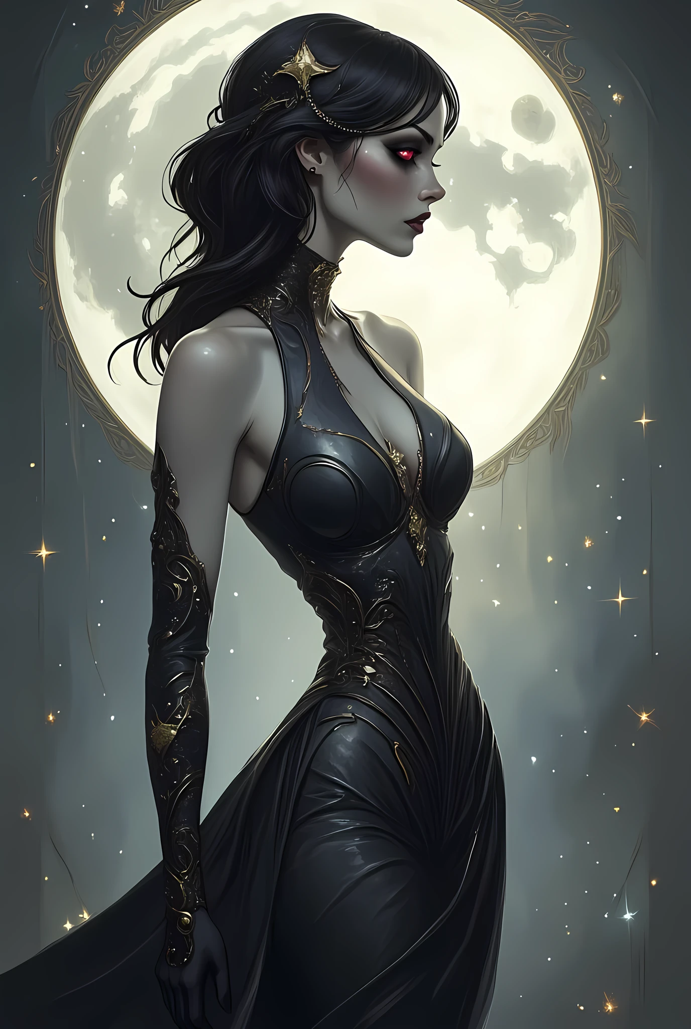 a picture of an epic beautiful female vampire, ghostly beauty,  wearing transluminescent dress, black silk dress, intricate dress, transluminescent dress, , red sleeves, epic beautiful female vampire, pale skin perfect body,  ghostly beauty, serene beauty, lush hair, long hair, red glowing eyes, vampire fangs, stars entwined in the woman's hair, light caress the woman, moon light caress the dress, fantasy art, night time, the moon rises, creating award winning, photorealism, depth of field, hyper realistic,  zavy-ctcmcs, Celestial Fantasy, dnddarkestfantasy, Art Deco