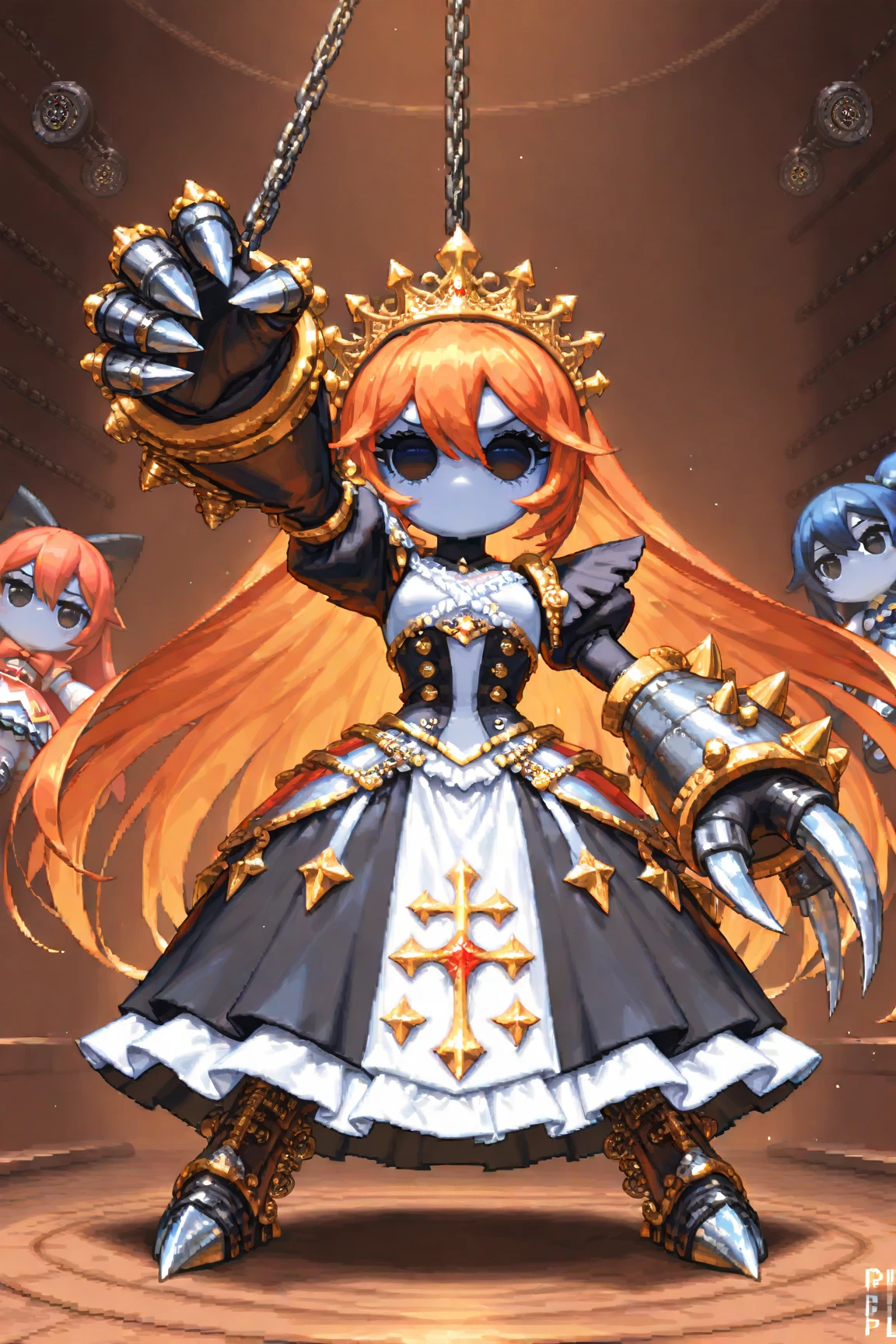 pixel art:1.35, dot art:1.3, dynamic action:1.3, battle action, fantasy artwok:1.2, sfw:1.3, BREAK, ((Giant female doll, Beautiful battle dress, Huge metal claws, no mouth:1.3, Pupilless eyes:1.3,  Devices:1.3))