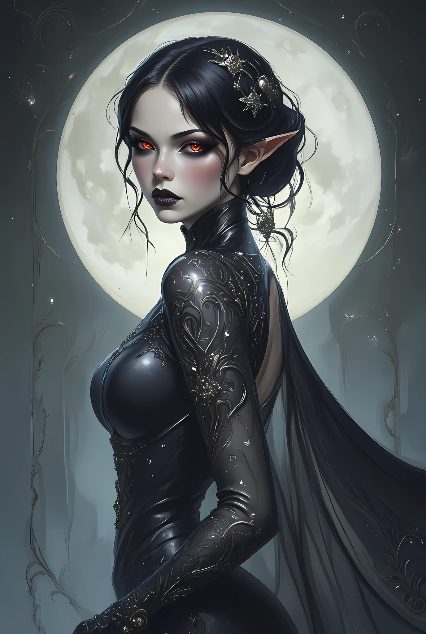 a picture of an epic beautiful female vampire, ghostly beauty,  wearing transluminescent dress, black silk dress, intricate dress, transluminescent dress, , red sleeves, epic beautiful female vampire, pale skin perfect body,  ghostly beauty, serene beauty, lush hair, long hair, red glowing eyes, vampire fangs, stars entwined in the woman's hair, light caress the woman, moon light caress the dress, fantasy art, night time, the moon rises, creating award winning, photorealism, depth of field, hyper realistic,  zavy-ctcmcs, Celestial Fantasy, dnddarkestfantasy, Art Deco