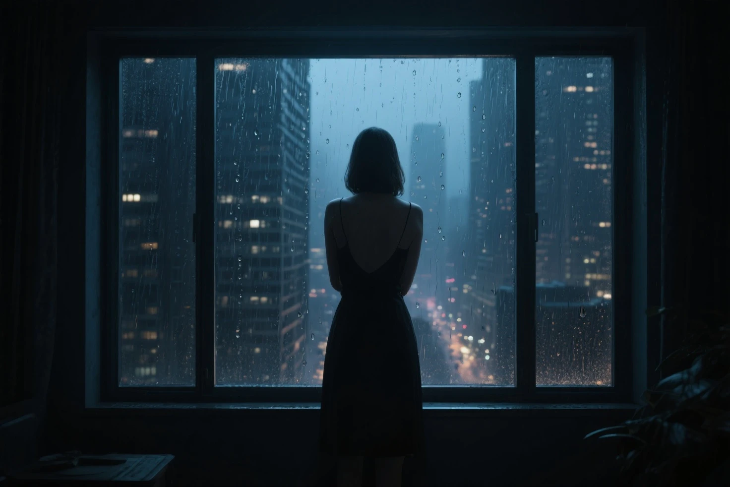 ((masterpiece, highest quality, Highest image quality, High resolution, photorealistic, Raw photo, Extremely detailed CG unified 8k wallpaper)), 
((rain-soaked window, city night view from the bus window, rain-soaked night view, water droplets running down the window glass, dark interior of the car, silhouettes of people walking in the city: 1.3)), 