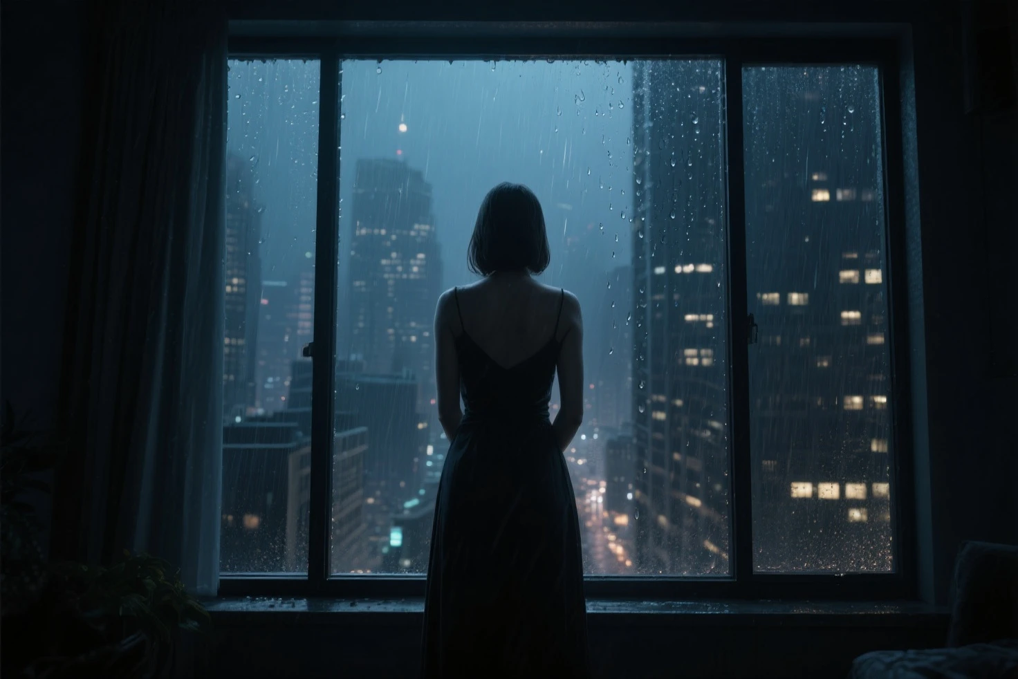 ((masterpiece, highest quality, Highest image quality, High resolution, photorealistic, Raw photo, Extremely detailed CG unified 8k wallpaper)), 
((rain-soaked window, city night view from the bus window, rain-soaked night view, water droplets running down the window glass, dark interior of the car, silhouettes of people walking in the city: 1.3)), 