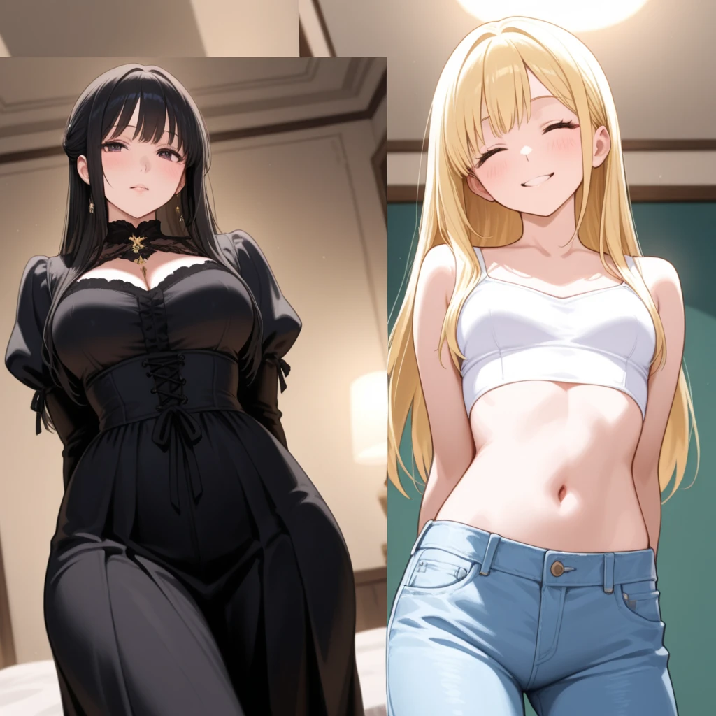 ((adult woman with 2 naked women walking)),(long black hair, smile)),((hairy pussy, very large pussy piercing, chest piercing, big breasts, hugged with a kiss,((younger girl , with very long yellow hair, very small breasts,, mini skirt without panties, open shirt))), at the door of the house,
