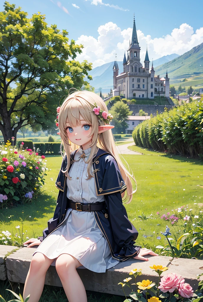 a castle in the background, Altiplano with a field of flowers, a little elf sitting looking at the castle 