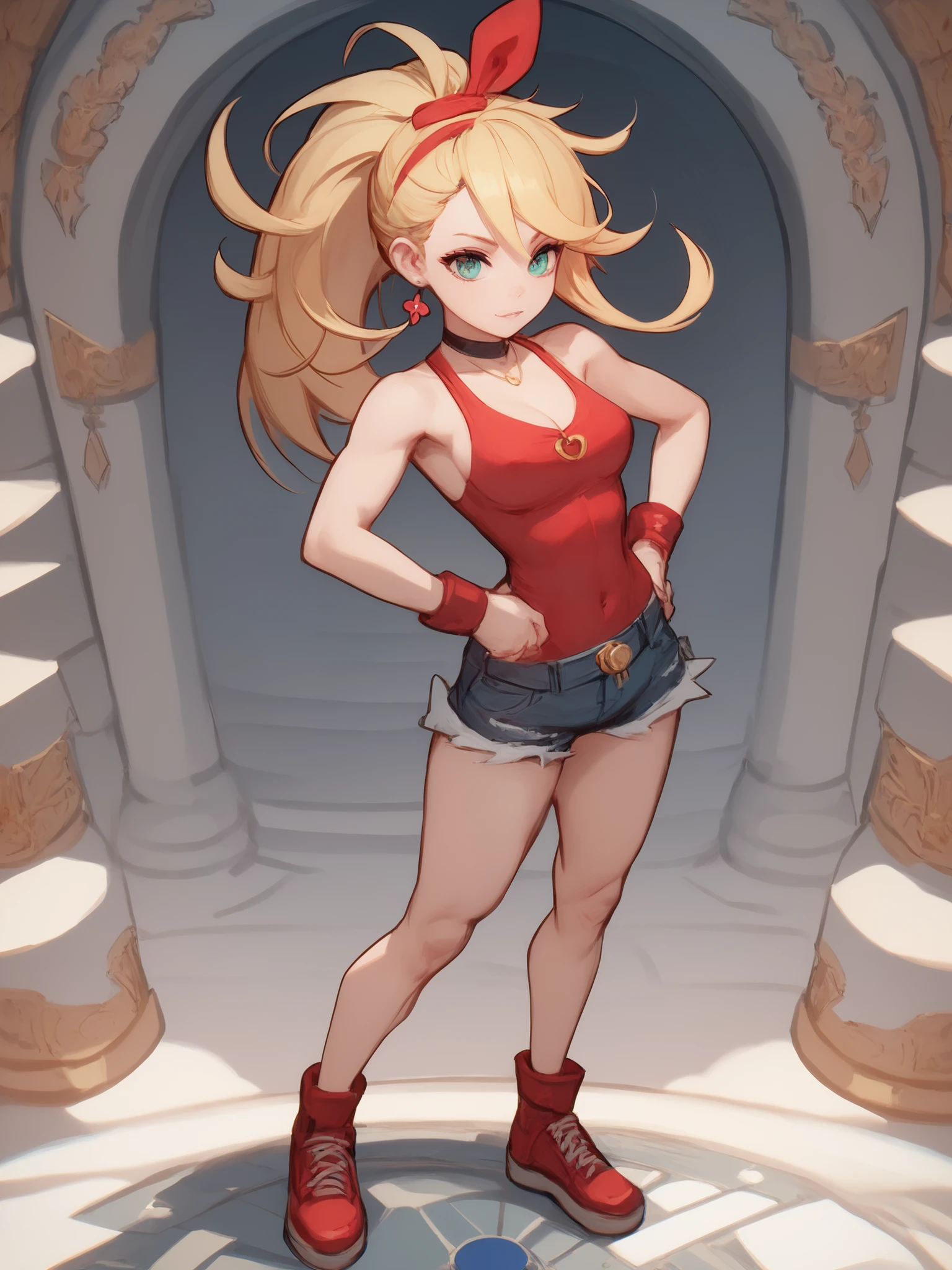 young girl, long blonde hair, Hairpin with a bundle, turquoise eyes, red tight uniform, Sleeveless, Wide neckline on the chest to the abdomen, Gold Elements, Red outfit, Shorts, Masterpiece, hiquality, 4k, HD, Good details, full body view, fullbody overview, Long Hair, standing