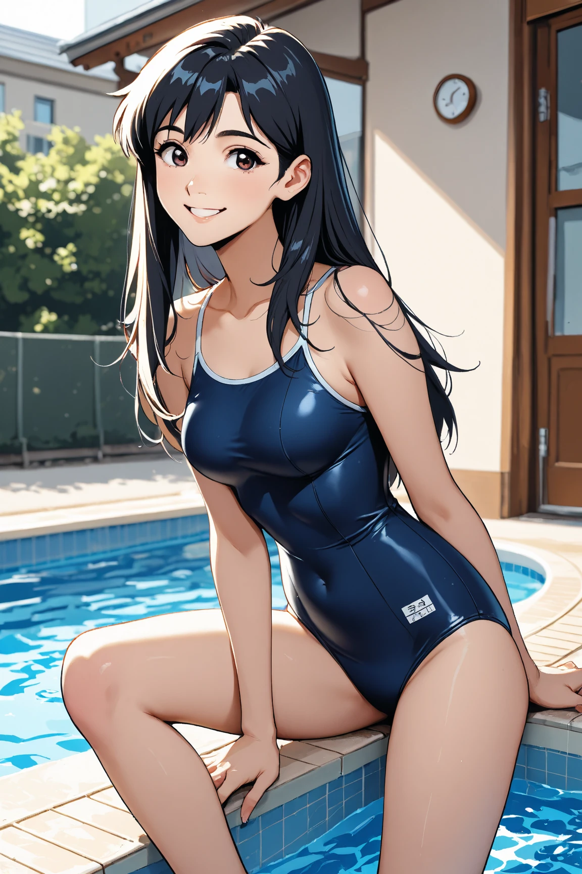 pixel-perfect, best quality, ultra-detailed masterpiece, dia kurosawa, one-piece swimsuit, pantyhose, garden, open legs, smile