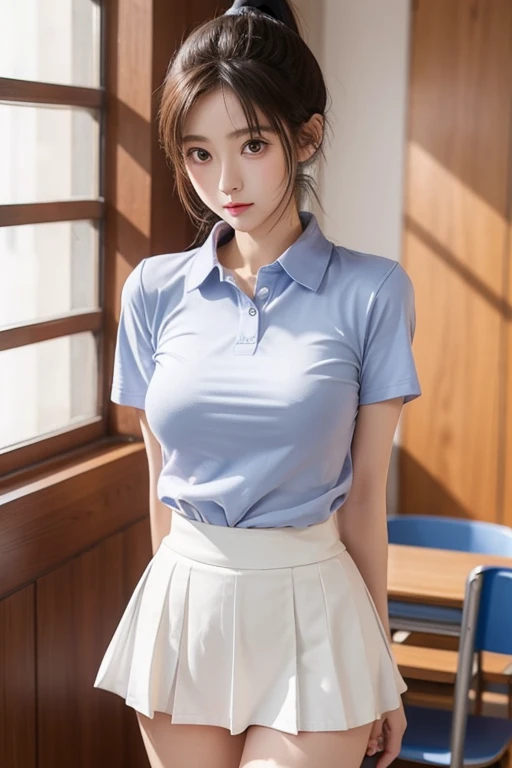 white skirt,kindergarten uniform,blue shirt, ((knee shot)), masterpiece, best quality, beautiful woman sitting, elegant pose, diagonal composition, long legs, body leaning back, golden long hair, soft colors, fair skin, gentle smile, sunny room, soft sunlight, delicate shadows, harmonious, intricate details, photorealistic, highly detailed, cinematic lighting