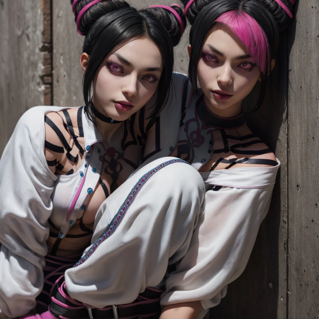 8k Ultra HD, image 9:17, 8k, masterpiece, RAW photo, best quality, detail: 1.3), photorealistic, incredibly detailed CG Unity 8k wallpaper, depth of field, cinema light, lens flare, ray tracing, [[[sharp focus: 1.2]]], (extremely beautiful face, beautiful lips, beautiful eyes), ((pink makeup, pink lipstick, eyeliner, cheveux noirs moelleux, Hair illumination, voluminous lighting, expressive eyes)), face with intricate details, ((very detailed skin)), 1 girl, in the dark, deep shadow, pretty girl, (medium bust:1.8), ((narrow waist, slanderous legs)), (small ass), perky, (oli face: 1.3), (very slim slender fit-muscled body:1.3), ((looks at viewer)), (big smile), (lace-up dress), (sleeve), (city night, (neon), (night), tights, clean eyes, Dark makeup, walking, face forward, (cowboy shot)), ((magenta lace-up corset)), ((white color dress)), (((( (magenta: lace-up), (((white: latex pants)))))), ((((long black latex gloves)))) long legs, ((Long Messy pink Pony with Braid, (((flowers in hair))))), 3D, rich colors, (Intricately detailed multi-layer lace corset), ((earrings, ((diamonds)), necklace, (gold), bracelets, valuables)