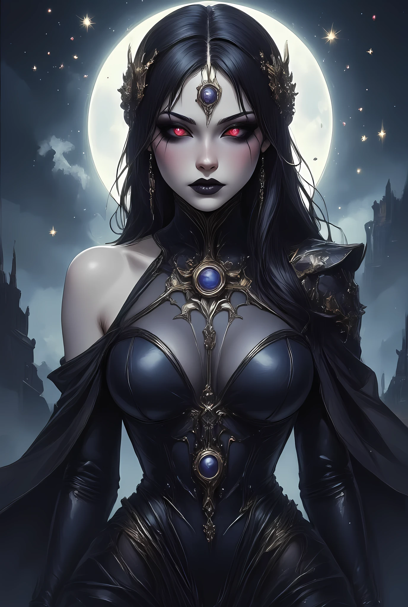a picture of an exquisite beautiful female vampire standing under the starry night sky on the porch of her castle, dynamic angle (ultra detailed, Masterpiece, best quality), ultra detailed face (ultra detailed, Masterpiece, best quality), ultra feminine, (black skin: 1.3), black hair, wavy hair, dynamic eyes color, cold eyes, glowing eyes, intense eyes, dark red lips, [fangs], wearing white dress (ultra detailed, Masterpiece, best quality), wearing blue cloak (ultra detailed, Masterpiece, best quality), long cloak, flowing cloak (ultra detailed, Masterpiece, best quality), wearing high heeled boots, sky full of stars background, moon, bats flying about, high details, best quality, 8k, [ultra detailed], masterpiece, best quality, (ultra detailed), full body, ultra wide shot, photorealism, dark fantasy art, dark fantasy art, gothic art, many stars, dark fantasy art, gothic art, sense of dread,