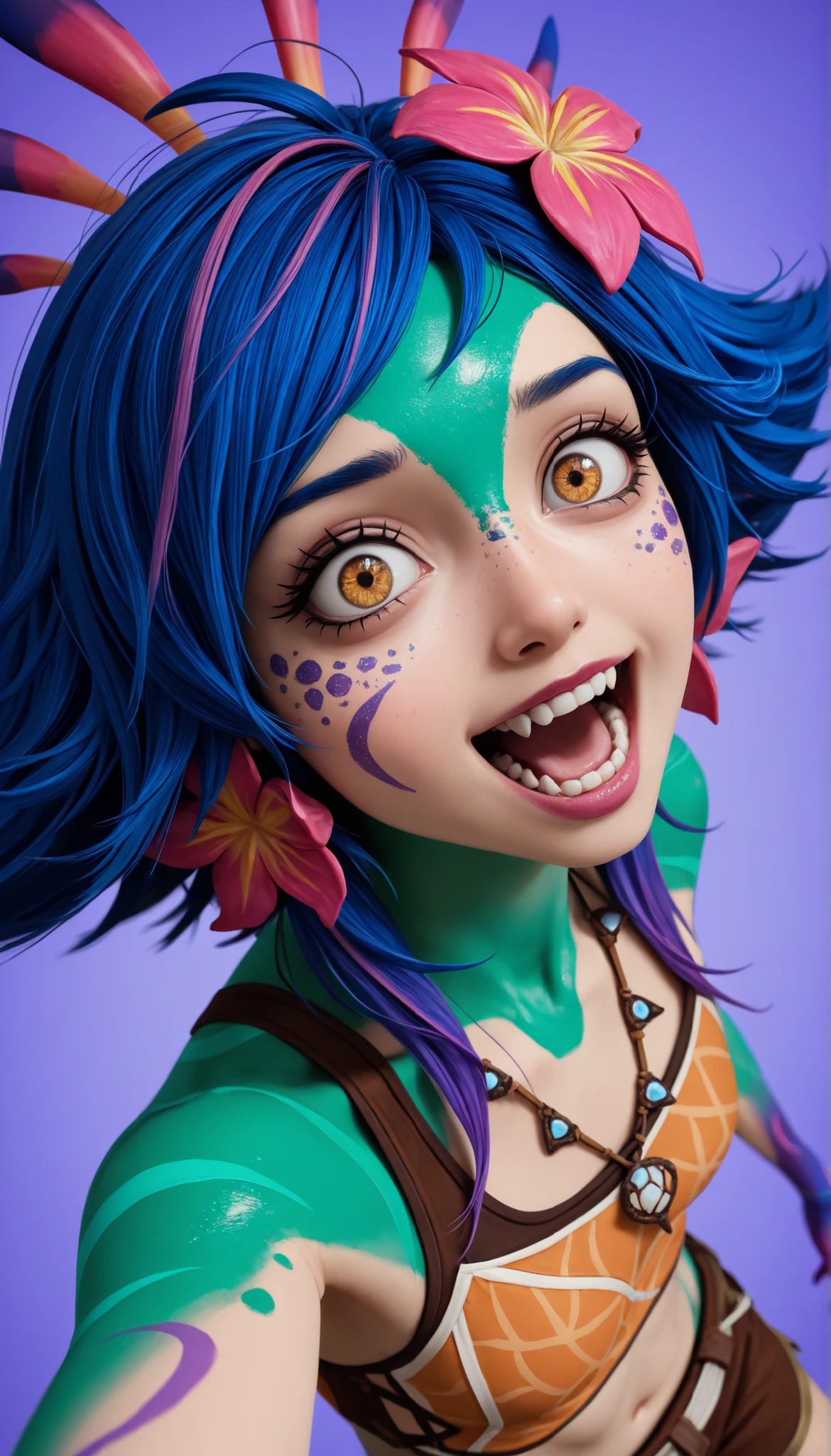 (photography, best quality), photorealistic, RAW, best score, best anatomy, ultra deitailed, amazing quality, very aesthetic, realistic:1.4 absurdres, highres, 2024, newest, HDR, 8K, high detail RAW color Photo, high contrast, portrait, (close up), large pupil, eyelashes, microtexture, rich in realistic textures,
neeko, facial marks, hair ornaments, hair flower, necklace, brown shorts, croptop, upper body, ((forced perspective)), making scary facial expressions, funny, extremely funny face, playful, natural pose, ((forced perspective)), , creative angle, ((minimalist purple background))