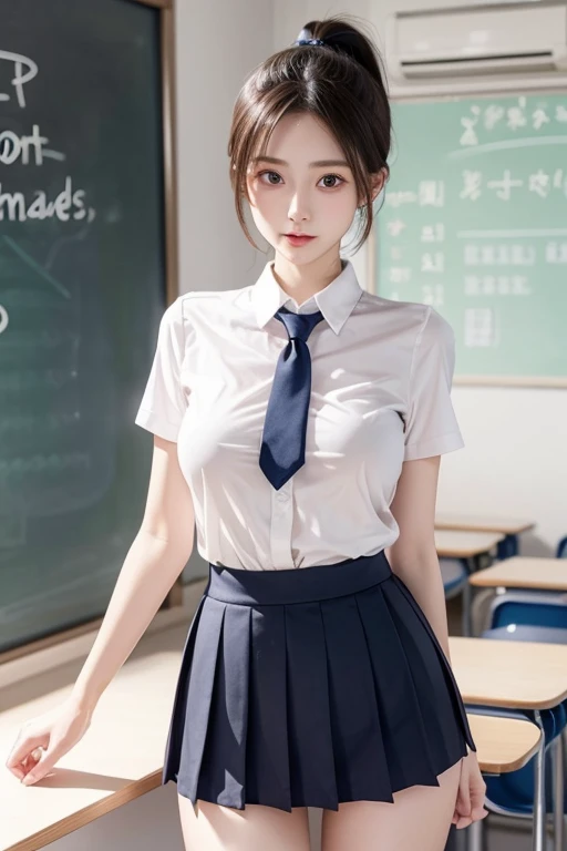 disorganized, RAW photo, very delicate and beautiful, masterpiece, highest quality, ultra high resolution, 16k, surreal, super detailed, perfect anatomy, super dense skin, perfect figure, Highly detailed CG 8k wallpaper, 20&#39;s, very slim body, (tight waist:1.2), very small head, very small face, delicate features, tearful mole, earrings, thin legs, (very huge round breasts:1.2), full body shot, short middle hair, wavy hair, (barefoot:1.1), (school uniform:1.5), collared shirt, skirt,
