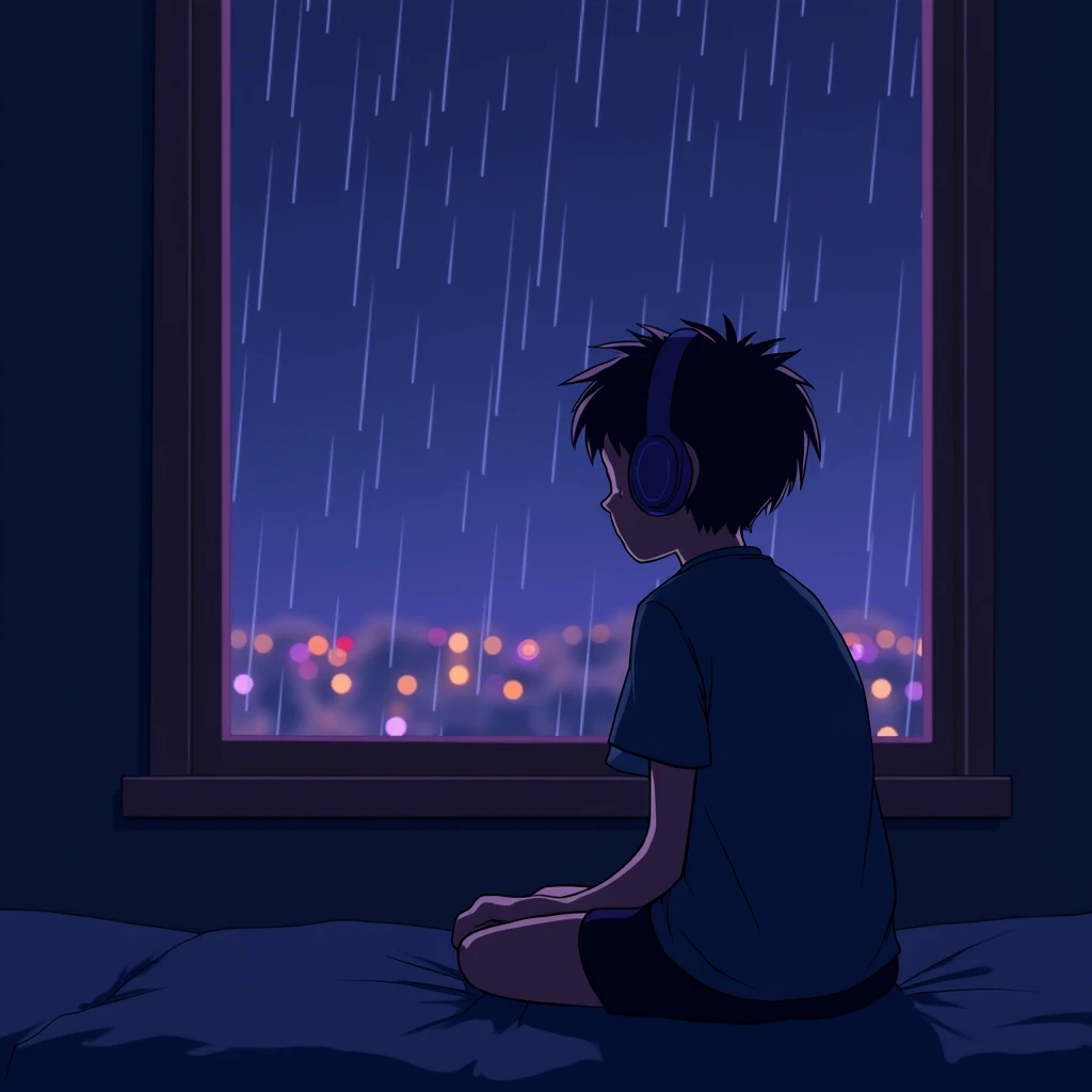 A boy sitting sad , watching moon and stars through window, raining outside, hearing to a sad music , wearing headphones