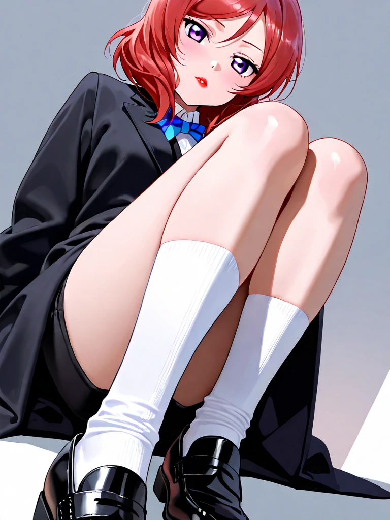 (Prominence in Masterpiece, Best Quality: 1.2), solo, 1 girl, yotsuba nakano, serious, mouth closed, looking at viewer, hand on face, sitting, legs crossed, collared shirt, tie up, skirt, stockings , big thighs, )