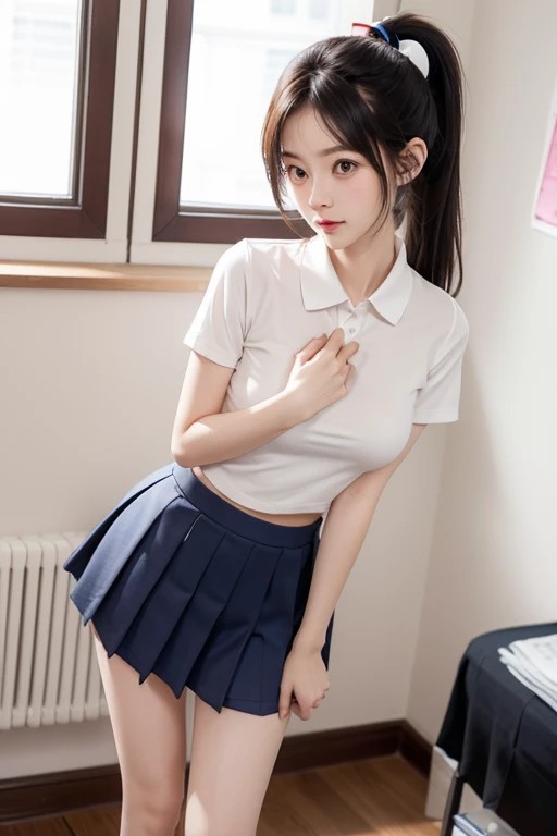 (masterpiece:1.2, highest quality), (realistic, photorealistic:1.4), beautiful illustrations, (natural side lighting, movie lighting), Depth of written boundary,
looking at the viewer, Front view, 1 girl, English, high school girl, 20 years old, perfect face, Cute symmetrical face, shiny skin, open legs,
(bob hair:1.7,blonde), asymmetrical bangs, Big eyes, droopy eyes, long eyelashes chest), thin,
beautiful hair, beautiful face, fine and beautiful eyes, beautiful clavicle, beautiful body, beautiful breasts, beautiful thighs, beautiful feet, beautiful fingers,
((fine fabric texture, brown knit vest, short sleeve white collar shirt, navy pleated skirt, Navy bow tie)),
(beautiful scenery), evening, (Inside the flower shop), Are standing, (smile, Upper grade, open your mouth), (((skirt lift, panties, genitals visible))), full body shot, dark blue socks, sexy face, inverted nipples, ((small vibrator in panties)), wet panties,