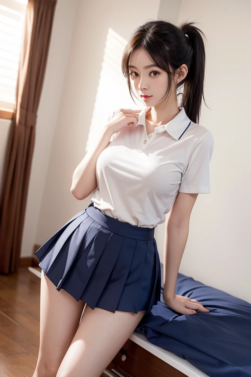 8K,top Quority,Authentic images,complexdetails,hyper-detailing,hyper-detailing,hyper HD,Depth field,(realisticlying,Realiy:1.2),tmasterpiece,0.25 :: closeup cleavage,Straight On Shot,Start in the middle,
1girll, ai_chan, Very beautiful 17 year old girl, innocent big eyes, (Brown_SHORT_hair), (GREEN_eyes:1.0),(By bangs), messy hair, (hair pin), perfect glossy shiny skins, Perfect skin, White skin of the,,, a narrow waist, light blush, 独奏, looking at viewert, light smile,
Chubby clothes,sweat leggs,
worn out (school_uniform), (white_skirt), (BLUE_Long_Tie), (BLUE_pleated_skirt), (Black_pantyhose): 1.2),
(Gravure pose:1.1),
sunset
Japanese high school,Flip the skirt with your hands,showing white panties,The skirt twists to show the panties,The large,Raised sexy,showing white panties,flipping skirt,flipping skirt,Roll up the scar with your hands,show underwear,Show your pants with your own hands,Panty shots,The barefoot,spread their legs,huge tit,sensual lingerie