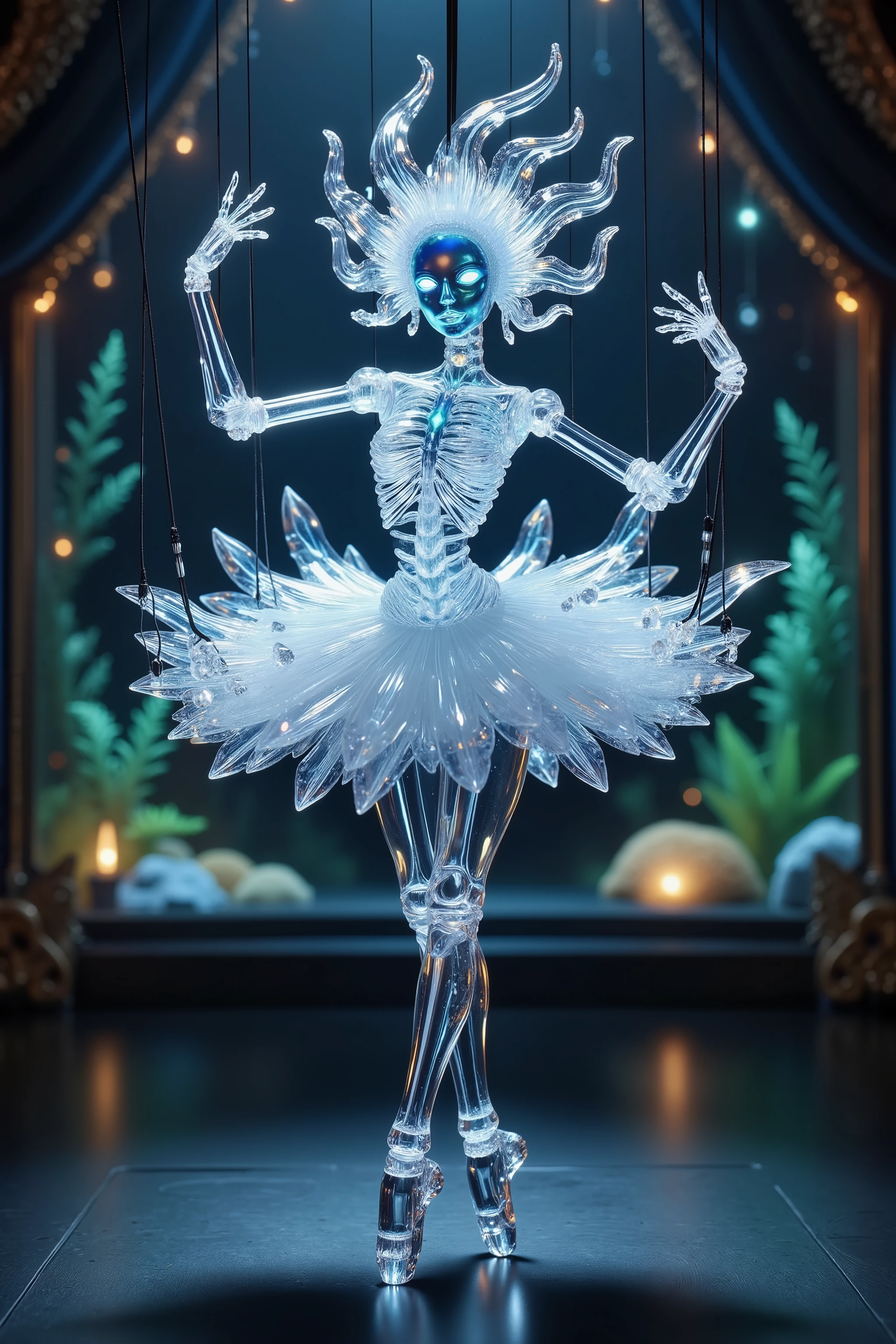 Full body photo, a ball-jointed doll female made of clear crystal, her body is fully transparent, glass hair like tentacles, transluminescent glowing skeleton body, glowing eyes, ballerina dance, she is held up like a marionette with black strings, underwater glass theater stage background
