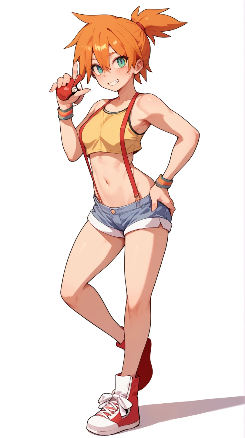 fgomordred, modred, (green eyes:1.5), blonde hair, ponytail, short hair, scrunchie, red scrunchie, hair scrunchie, (small breast:1.2), blonde hair, denim, denim shorts, jacket, jewelry, midriff, navel, necklace, red jacket, short shorts, shorts, tube top, white top, looking at viewer, medium breasts, black background, seductive smile, ((full body)), (sexually suggestive), sexy legs, ((huge thighs)), bare arms