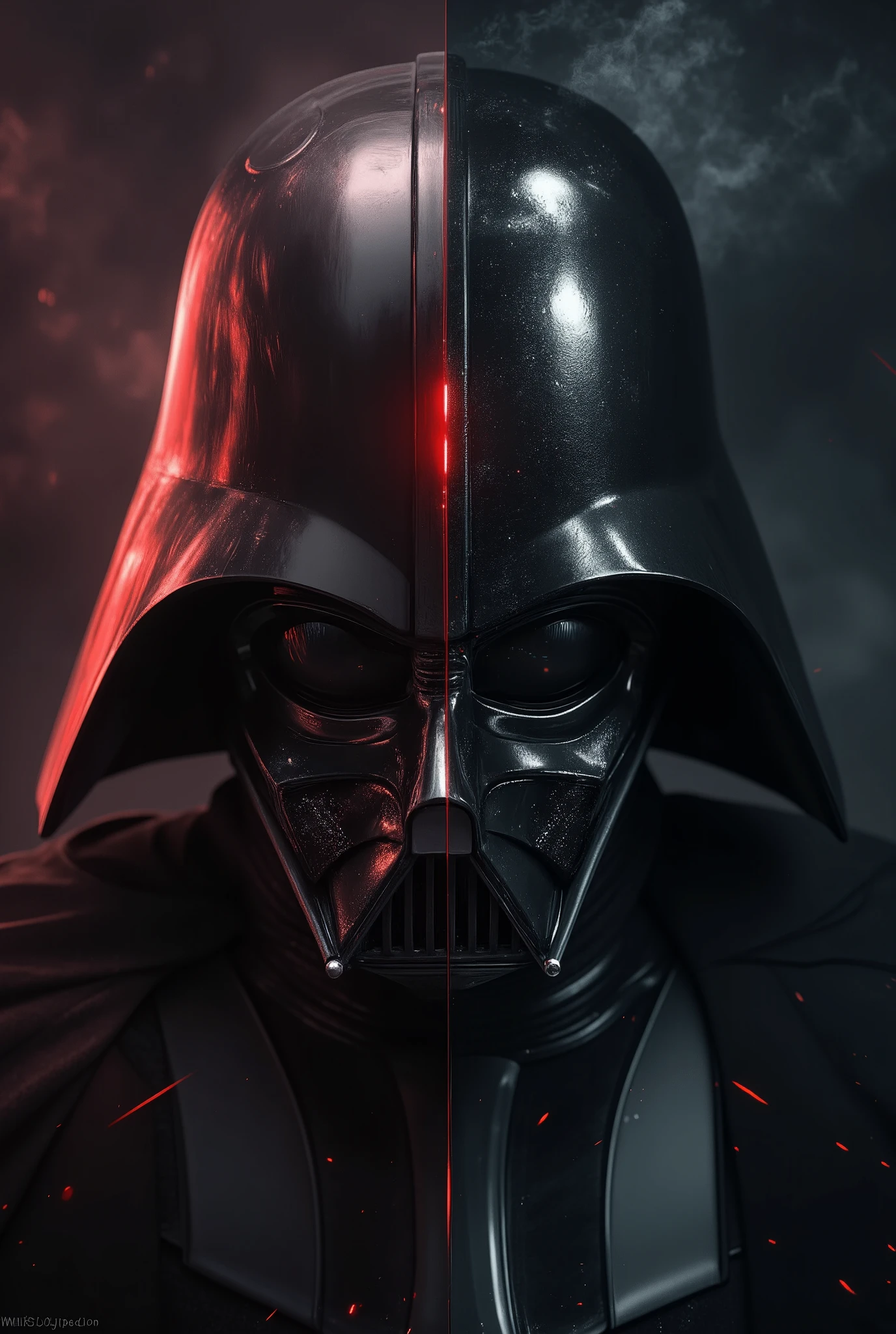 split-face portrait, left half of the face is a masked futuristic dark knight with a black sci-fi helmet inspired by Darth Vader, glowing red light reflections, high-tech breathing mask, shadows and metallic textures, dramatic lighting from the left, dark and smoky background, epic digital art, 2:3 aspect ratio, highly detailed