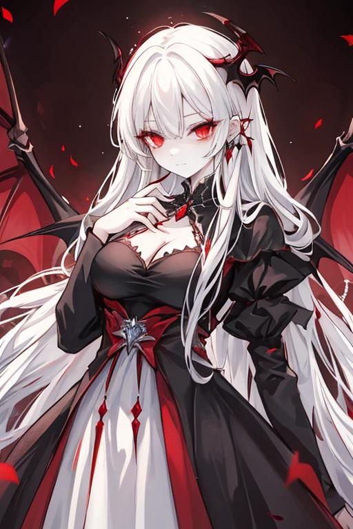 Vampire, girl, smaller chest, white hair, pale skin, red and black royal outfit and cape, large black bat wings, dark nighttime, blood moon in background, blood red eyes, bloodlusted, smiling, NOT REVEALING OUTFIT