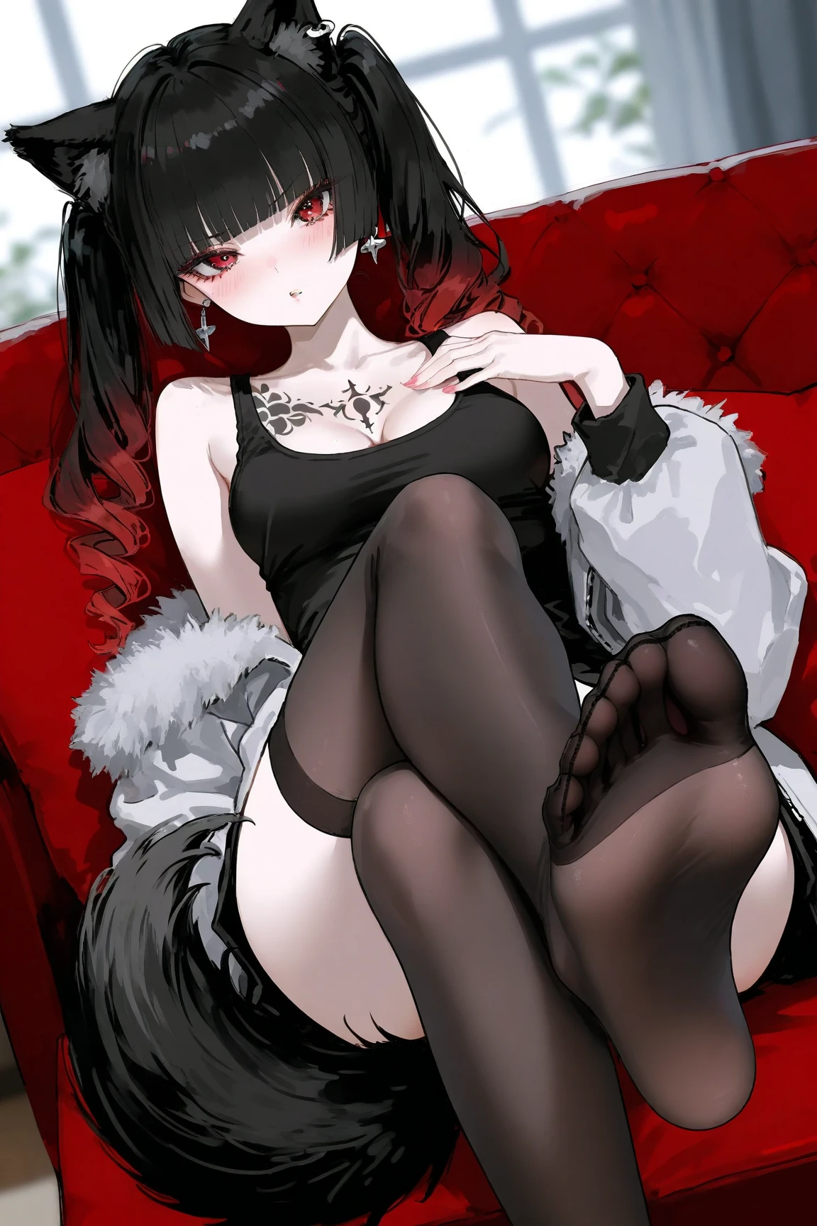 girl, short hair reaching the shoulders, black fur, little red horns. scarlet eyes. demon tail. very sexy body, above, blood red skirt, very tight black socks, black necklace for lingerie.