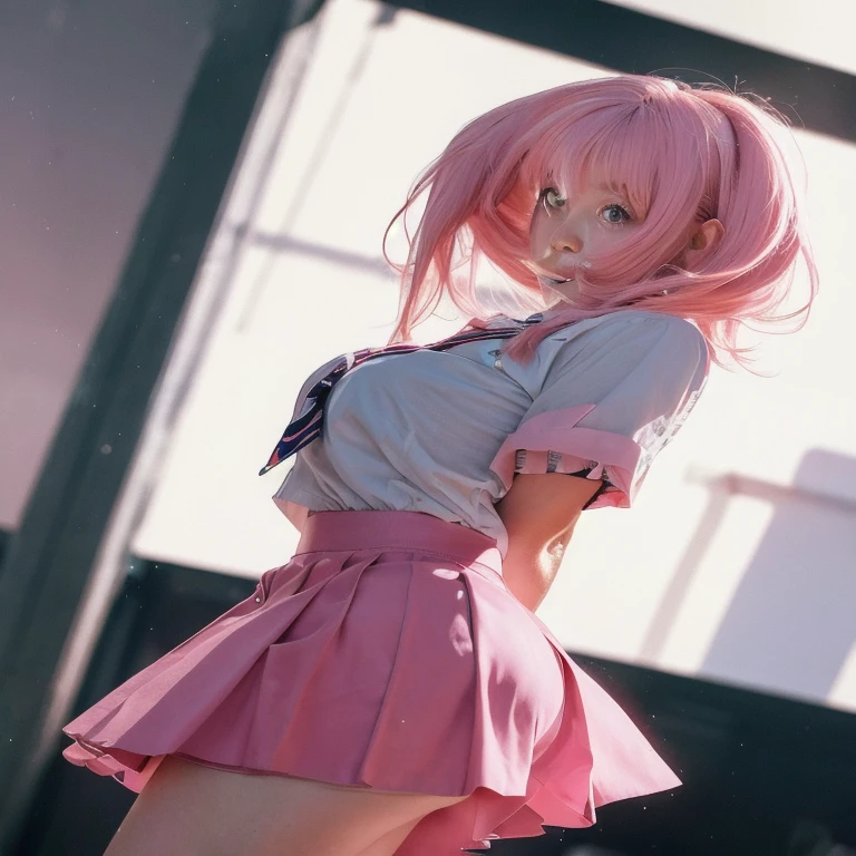 masterpiece, Highest quality, High resolution, Absurd, One Girl, crowd, skirt, Pink Hair, gasai yuno, From below, Revealing clothing, Skin Dentition, Outdoor, sunlight, street, View your audience, blush,