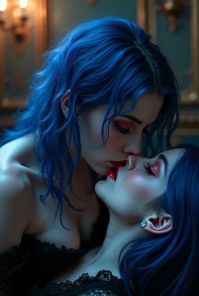 aqua, kingdom hearts, topless, nude, deep cleavage, large breasts, very erect nipples, aqua embracing dracula, aqua kissing dracula, male dracula, black hair, pointed teeth, dracula biting aqua's neck