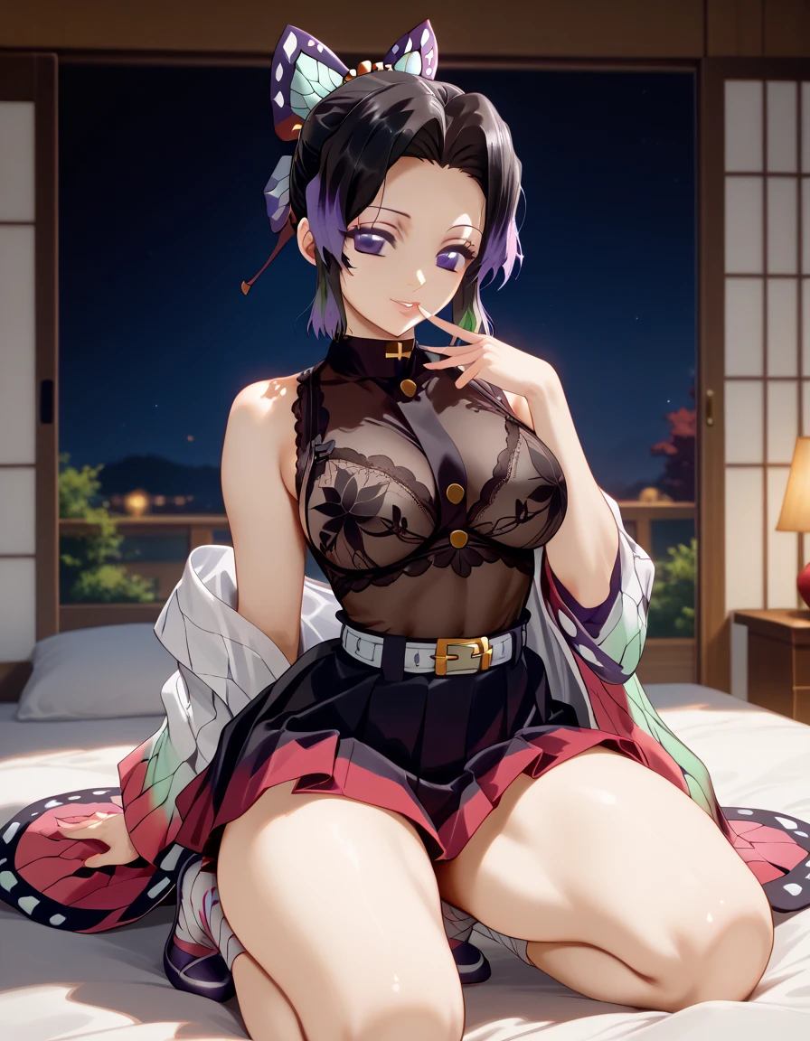 Ultra-realistic 8K CG,masterpiece,((Highly detailed background,Delicate pattern,Intricate details)),The best quality at its best,とてもとてもとても詳細なface,非常に詳細な目とface,Very fine grain,kochou shinobu,Multicolored Hair,No bangs,Hair Intake,Purple eyes,Purple Flower,mostly cloudy null,Light of the sun,Tyndall effect,Slope_null,face,beautiful null,Seductive posture,(Large Breasts:1.3),(Cleavage:1.3),、Completely naked、Female organ、pubic hair、Bristles、((Squat))、((Spread your legs wide))、nsfw、On the bed、Wide-open legs、squat、Masturbating with a、((Tied up with rope))、Open your mouth、Ecstatic expression