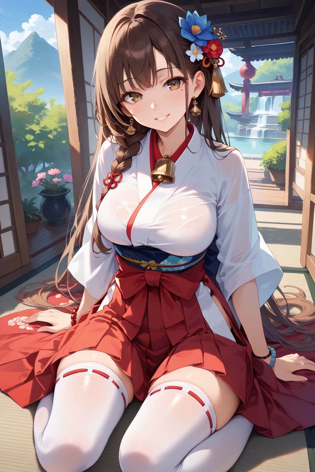 BREAK Perfect Anatomy、(High resolution:1.2)、Incredible illustrations、(Cute illustrations:1.2)、(nfsw)
(cinematic angle,solo focus,) （Beautiful background（Shrine grounds),
  1girl(brown hair,twin tails, tanned skin: 1.3) 1girl((a girl,slender 1.7meters, 45kg,   (Shrine maiden costume (white coat, scarlet hakama, tabi)(see through,bondage,oversized clothes), lingerie), (netorare,intercourse with a man,grabbing another’s breast)
